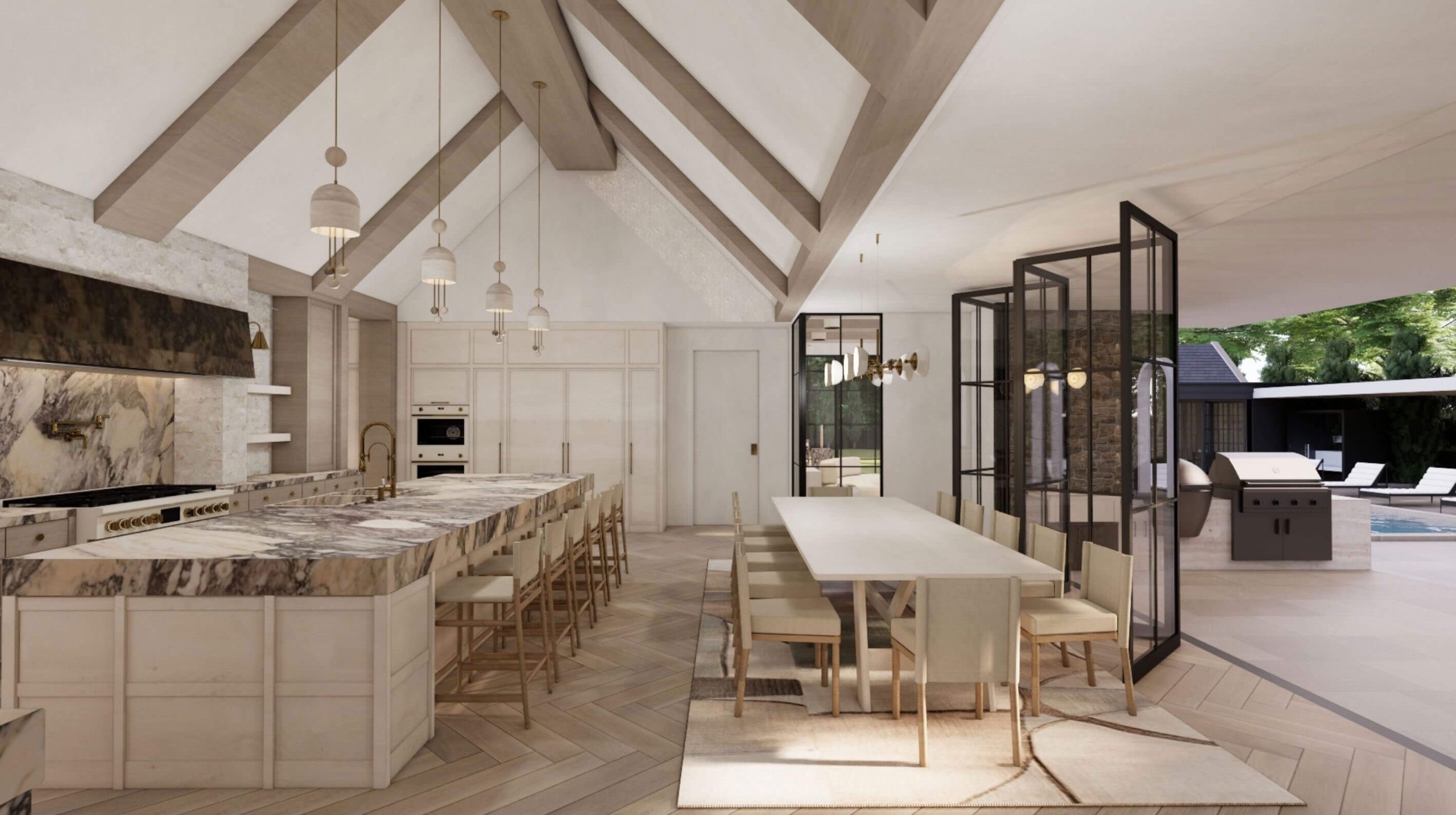 Kitchen and living room opening onto the pool courtyard