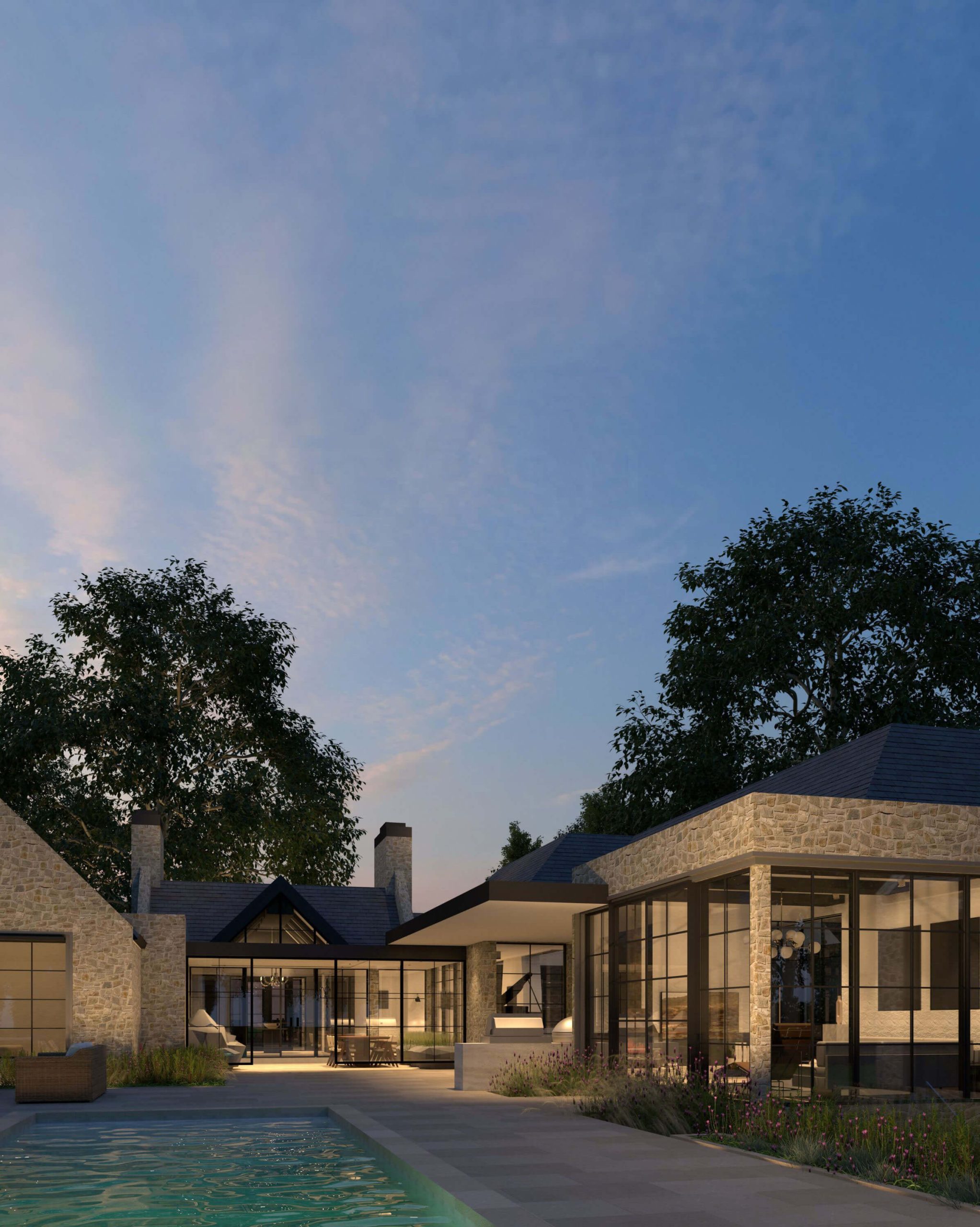 Rear facade opening toward the landscaped courtyard