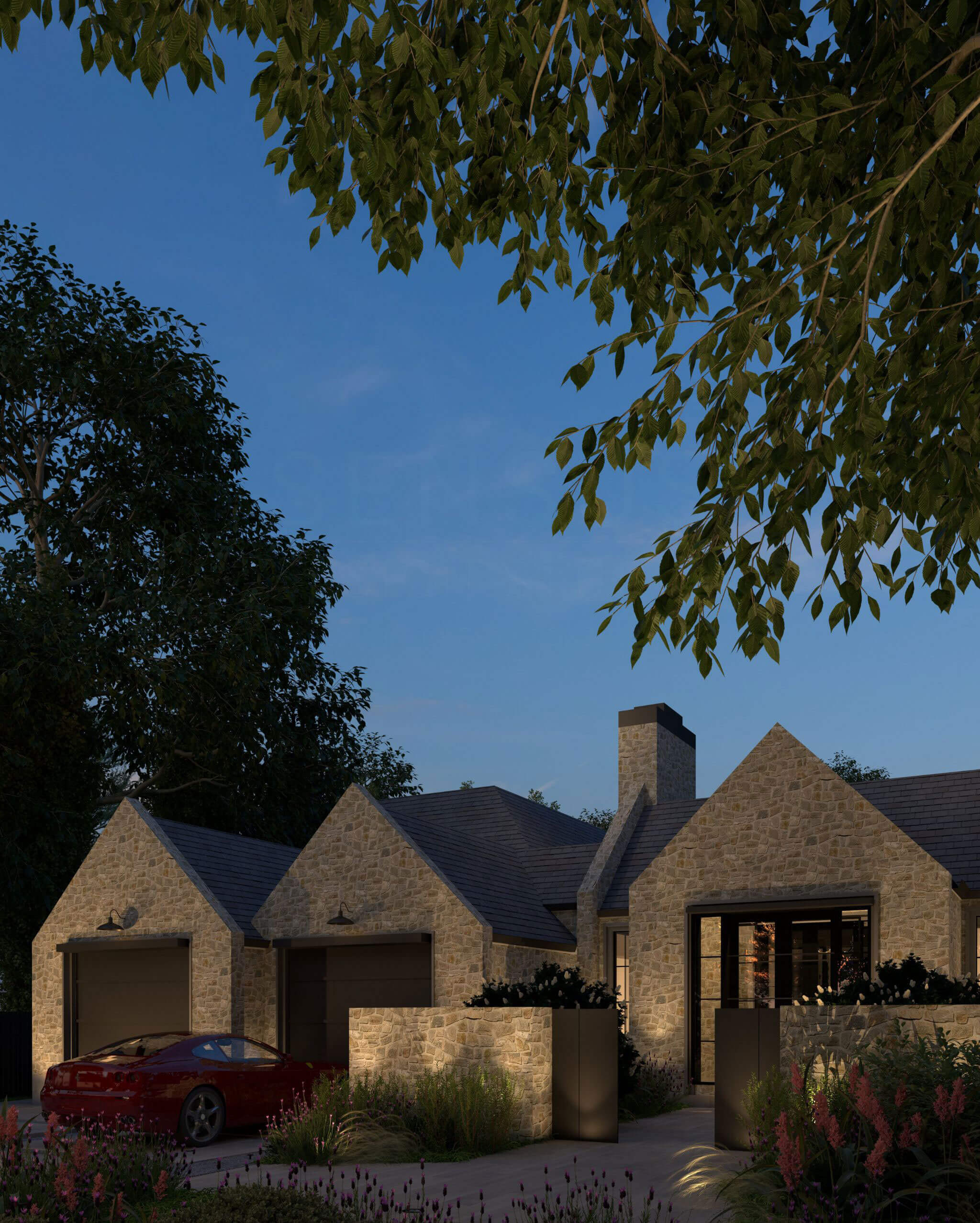 Front gables and intimate stone entrance courtyard