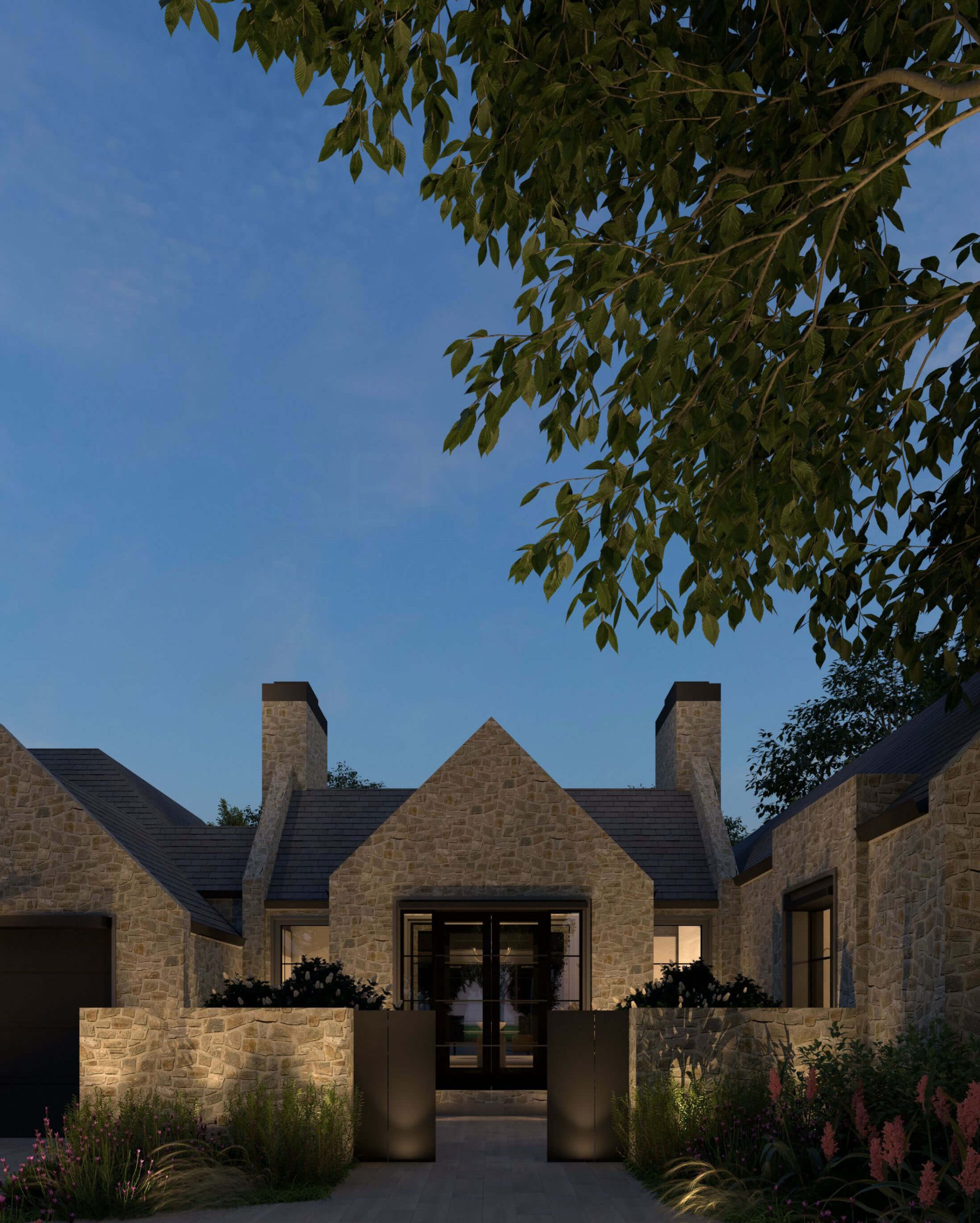 Rustic stone facade contrasting with floor-to-ceiling windows