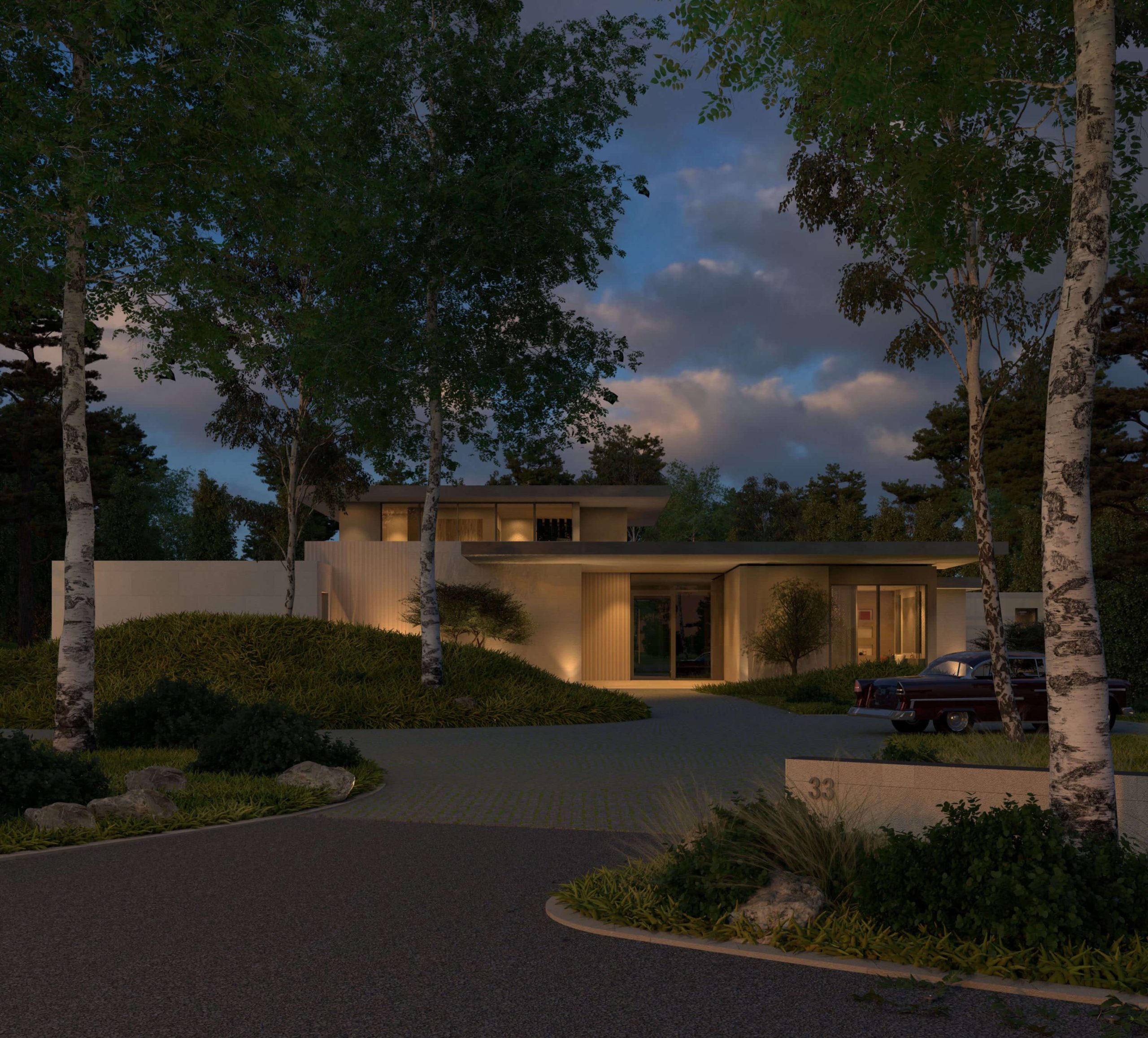 Mid Century Meadow Home nestled among trees at dusk
