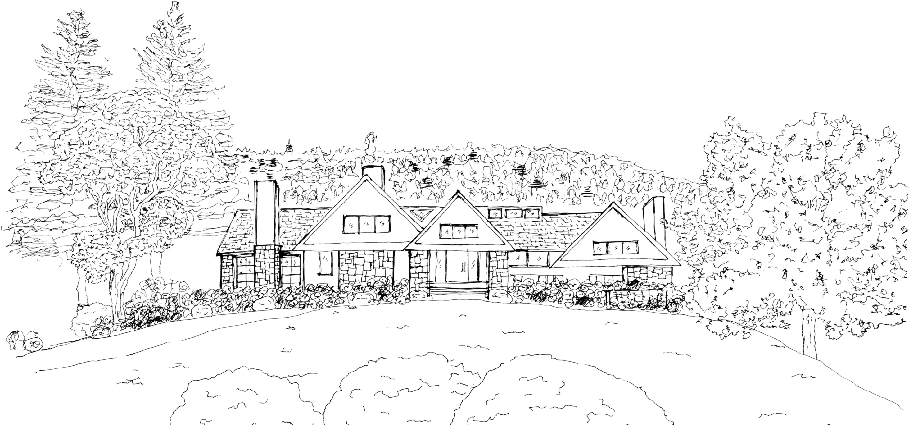 Panoramic study of the Mid-Century Hill House and its grounds
