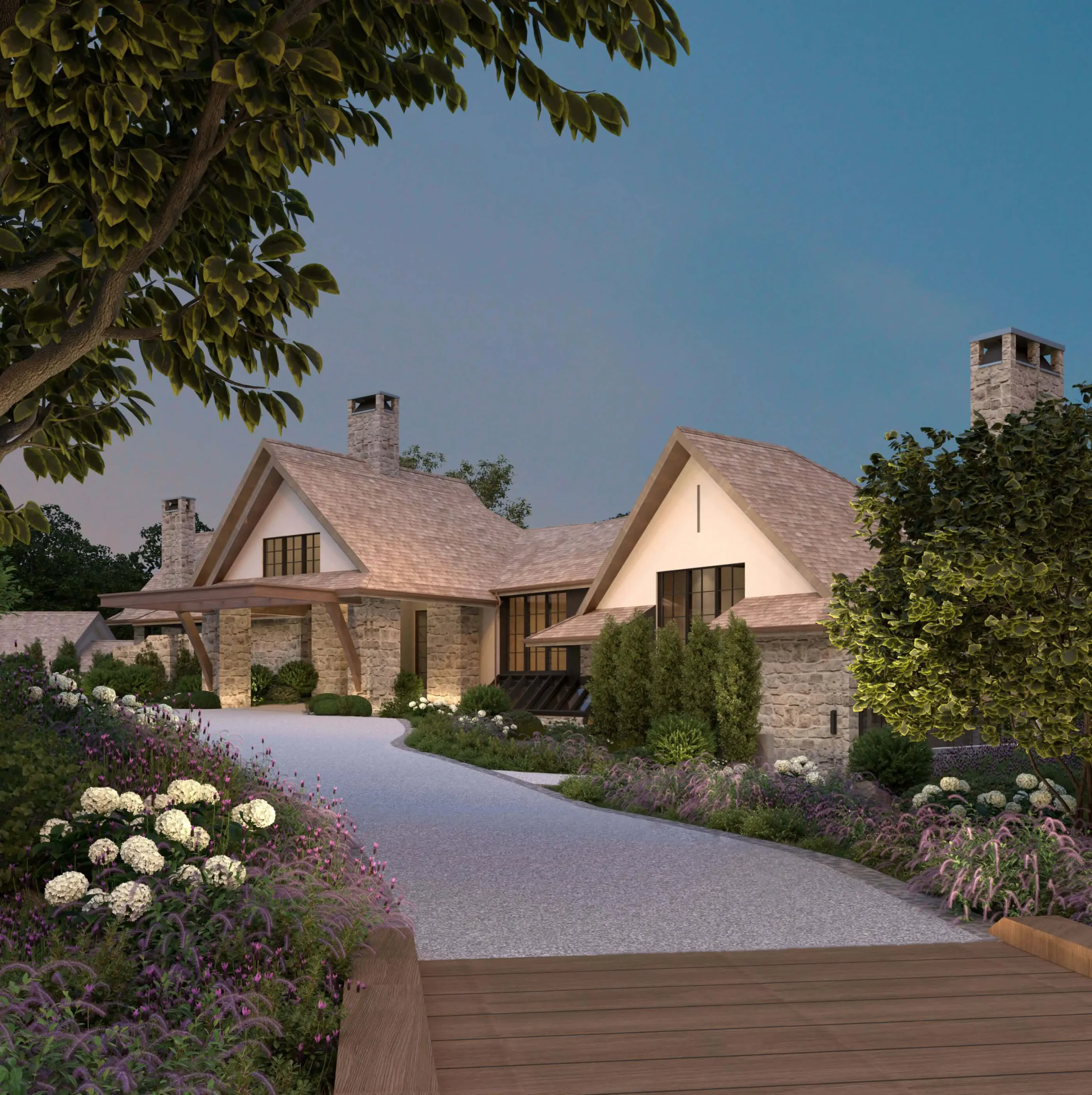 Mid-Century Hill House arrival courtyard and roof massing