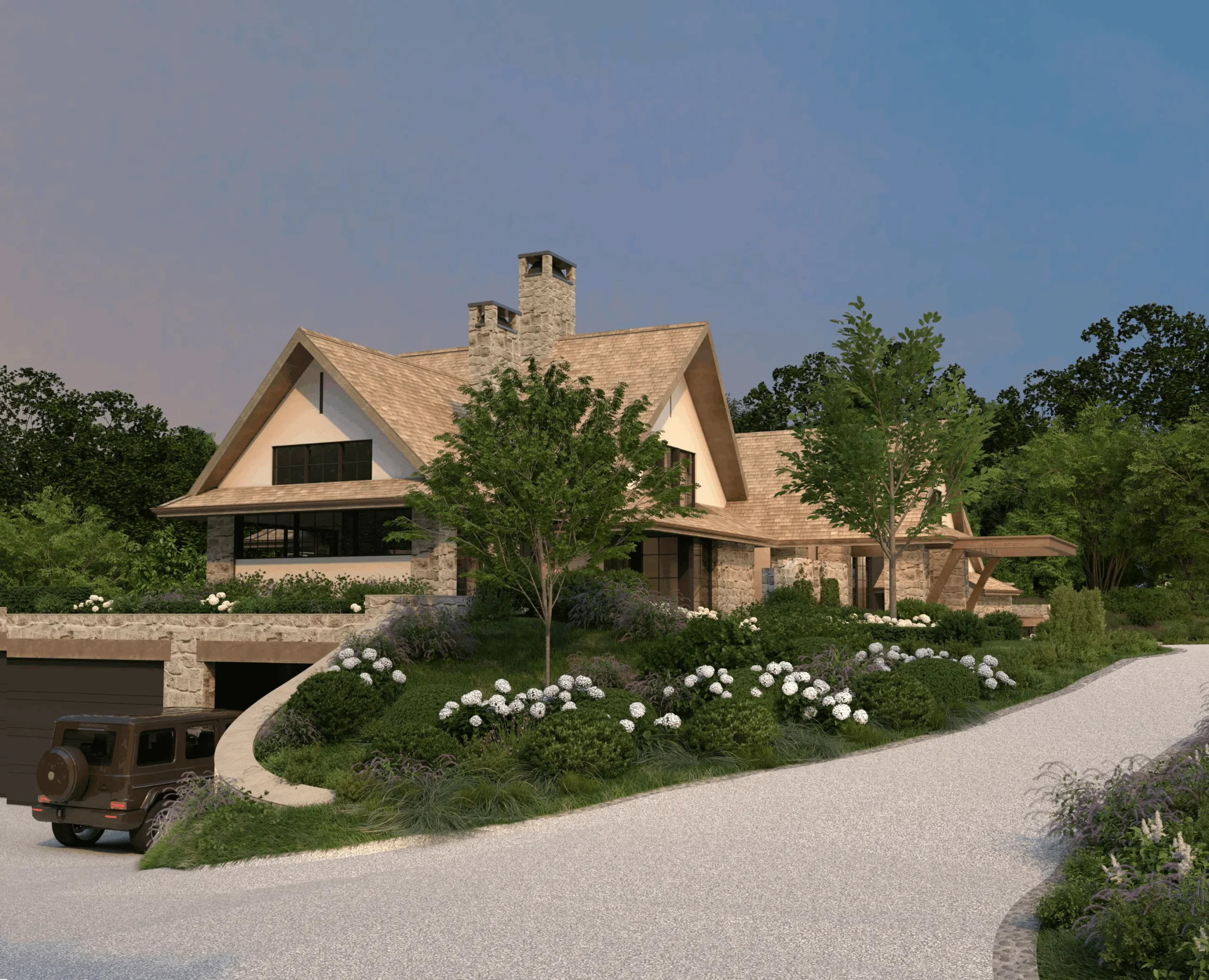 Garage elevation integrated into the falling grade