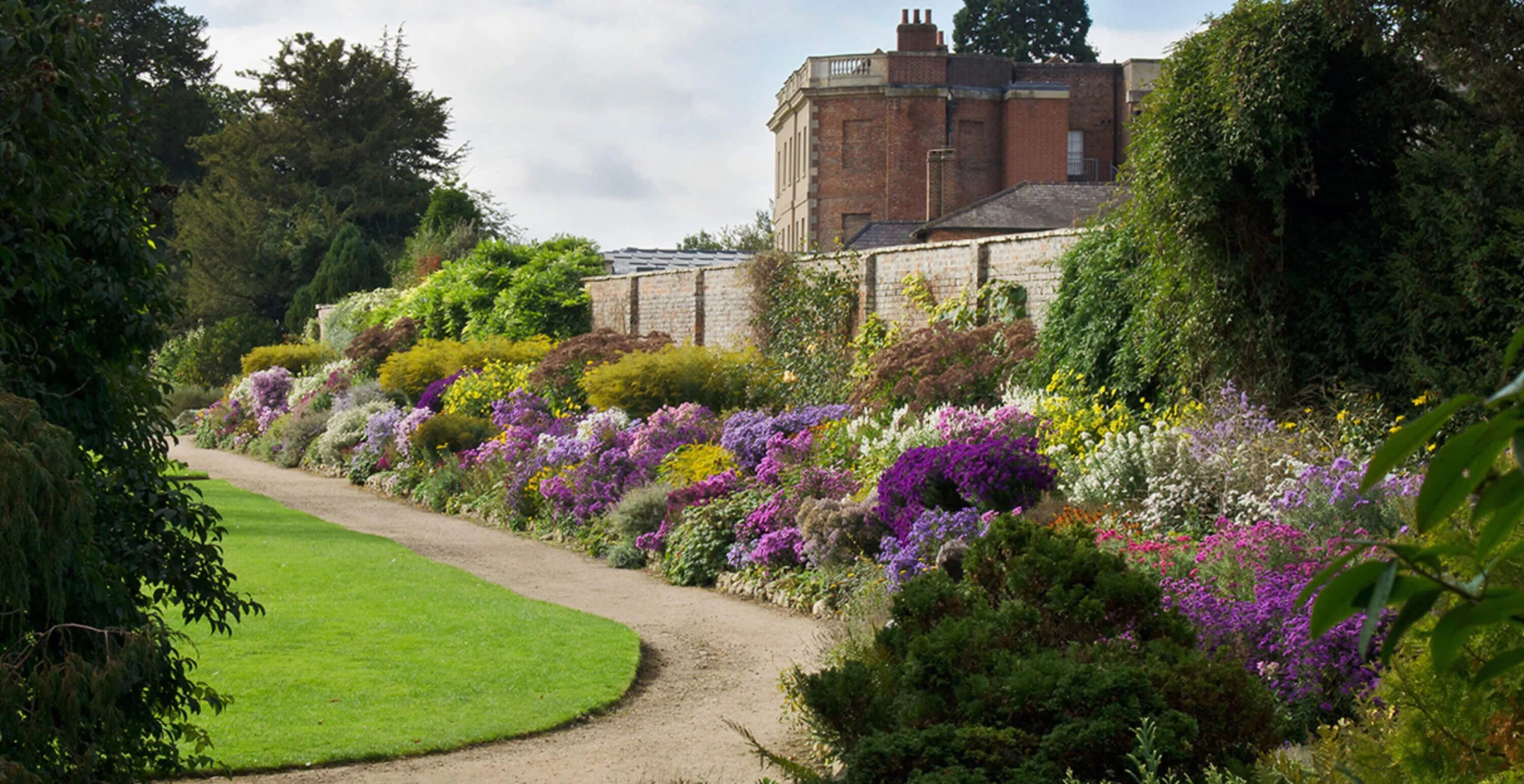 Curving garden path beside a lawn and mixed flower borders
