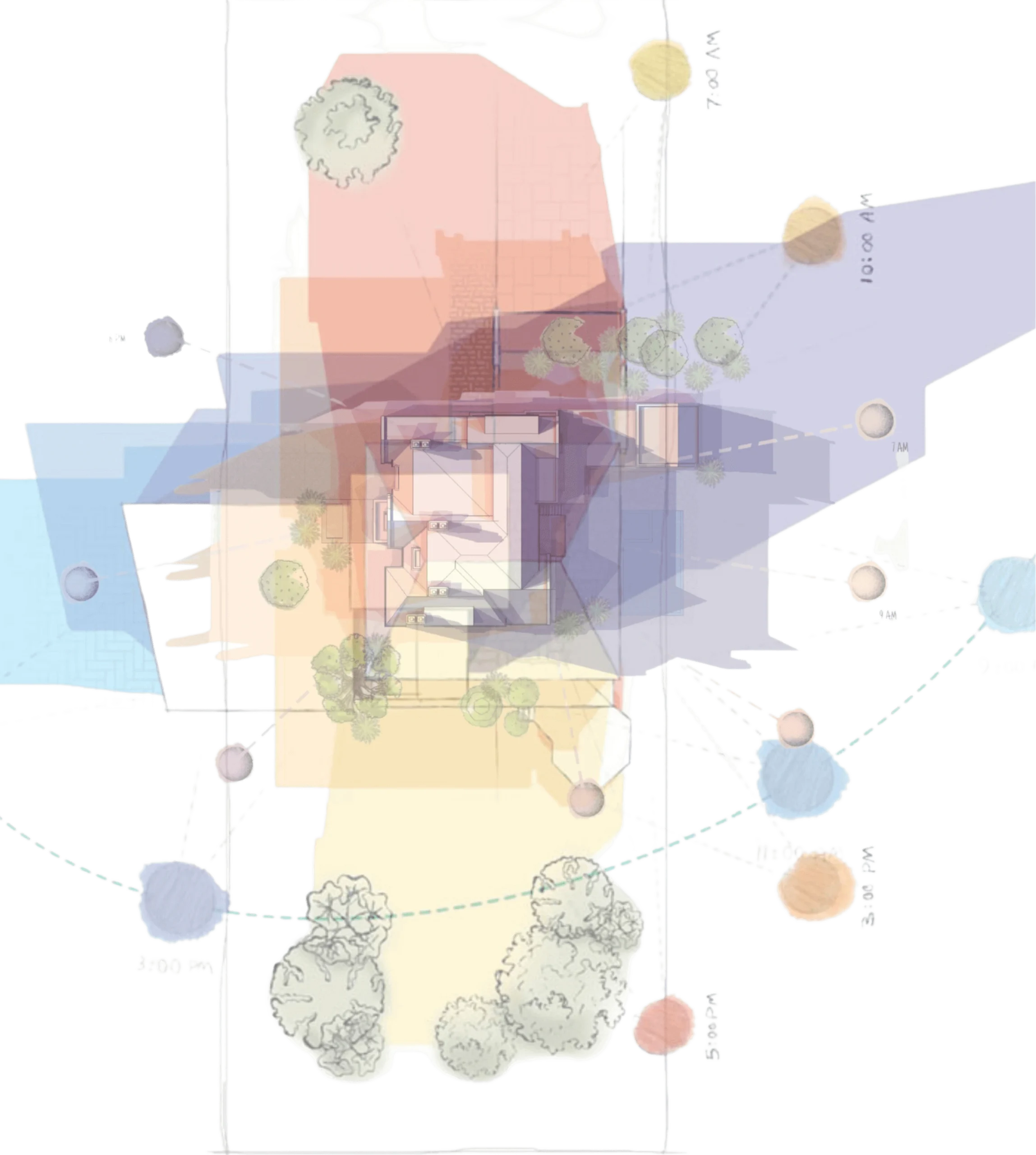 Site plan with sun and wind-path diagrams