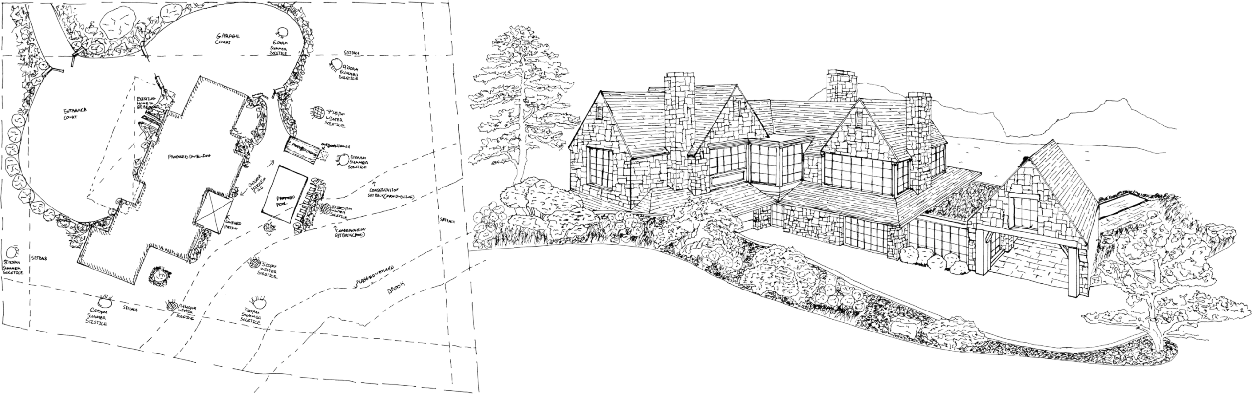 Architectural elevation and landscape sketches