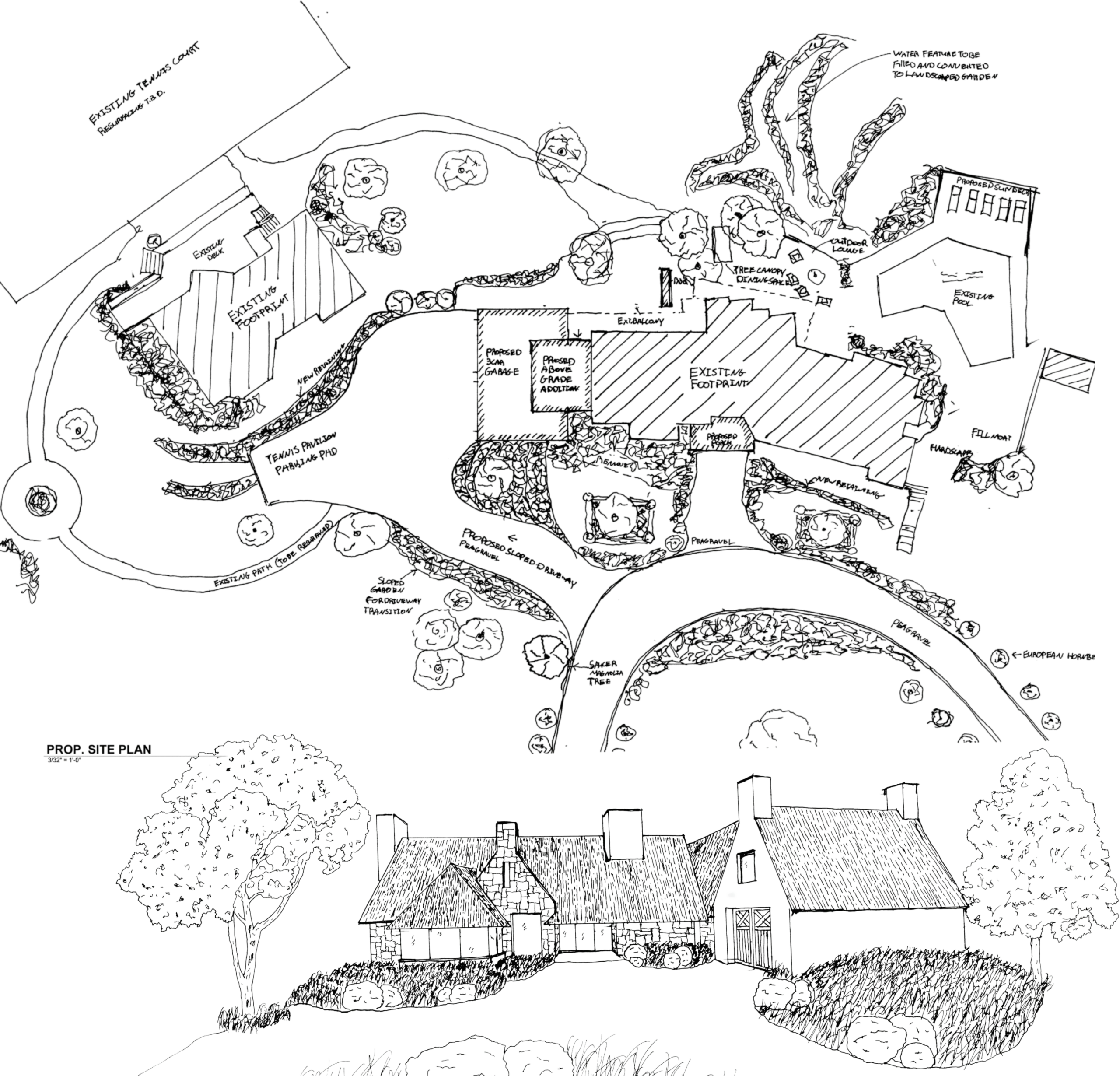 Hand-drawn views of the residence and grounds