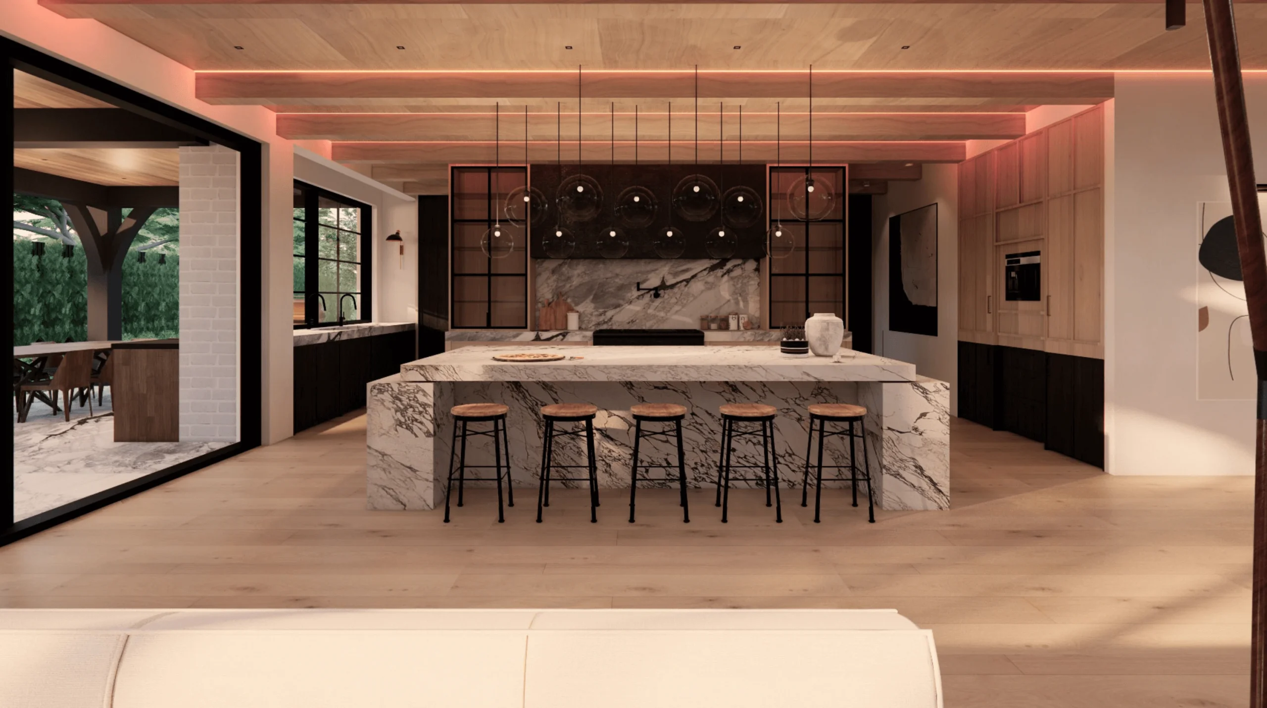 Dining room with marble table and coordinated furnishings