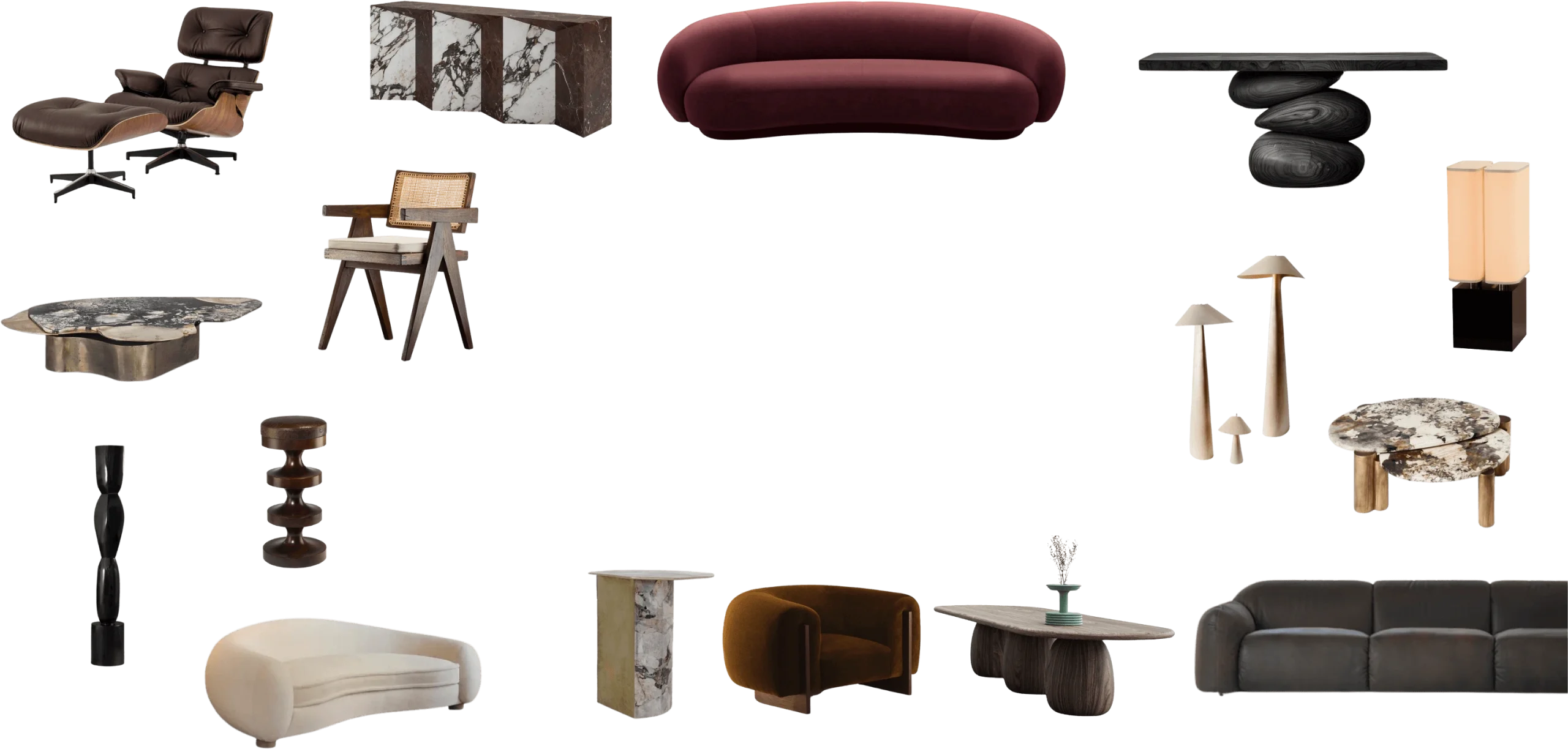 Furniture inspiration board with seating, tables and decorative objects