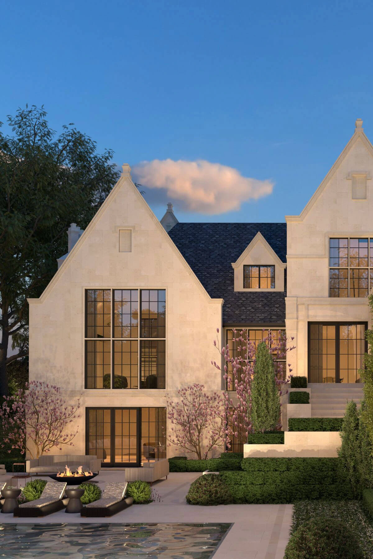Stone gabled residence and garden