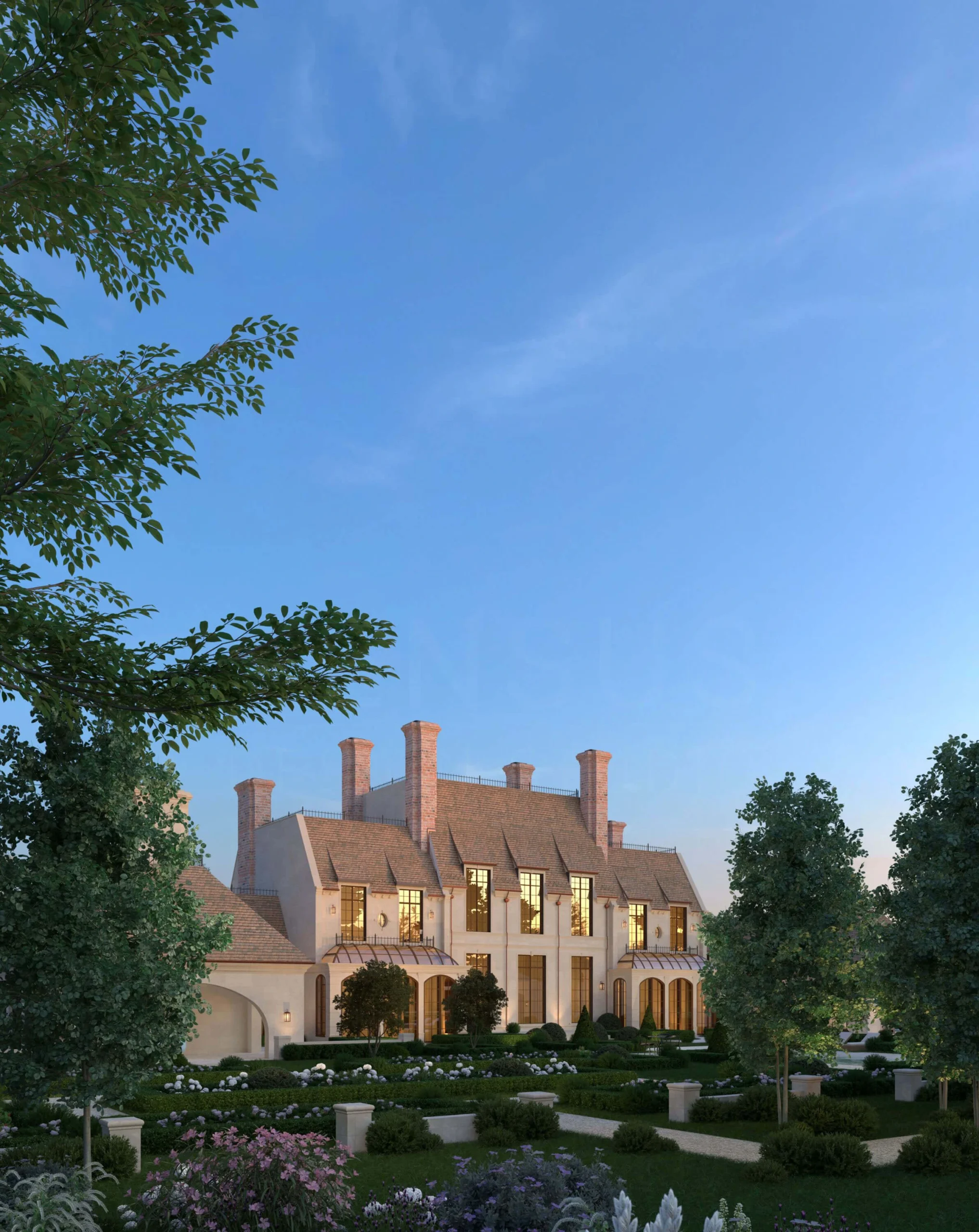 Rear Georgian facade enclosing a secluded garden court