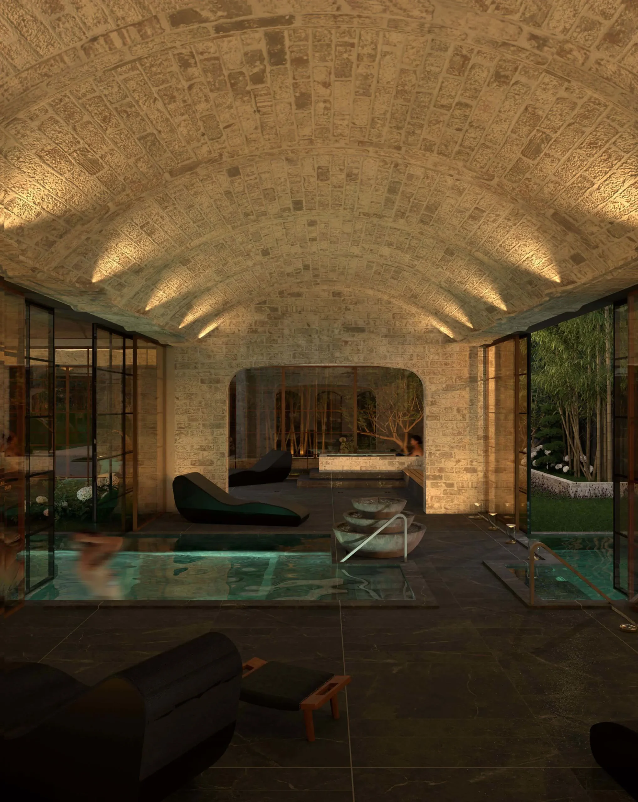 Old-world brick vaults within the Georgian Manor spa