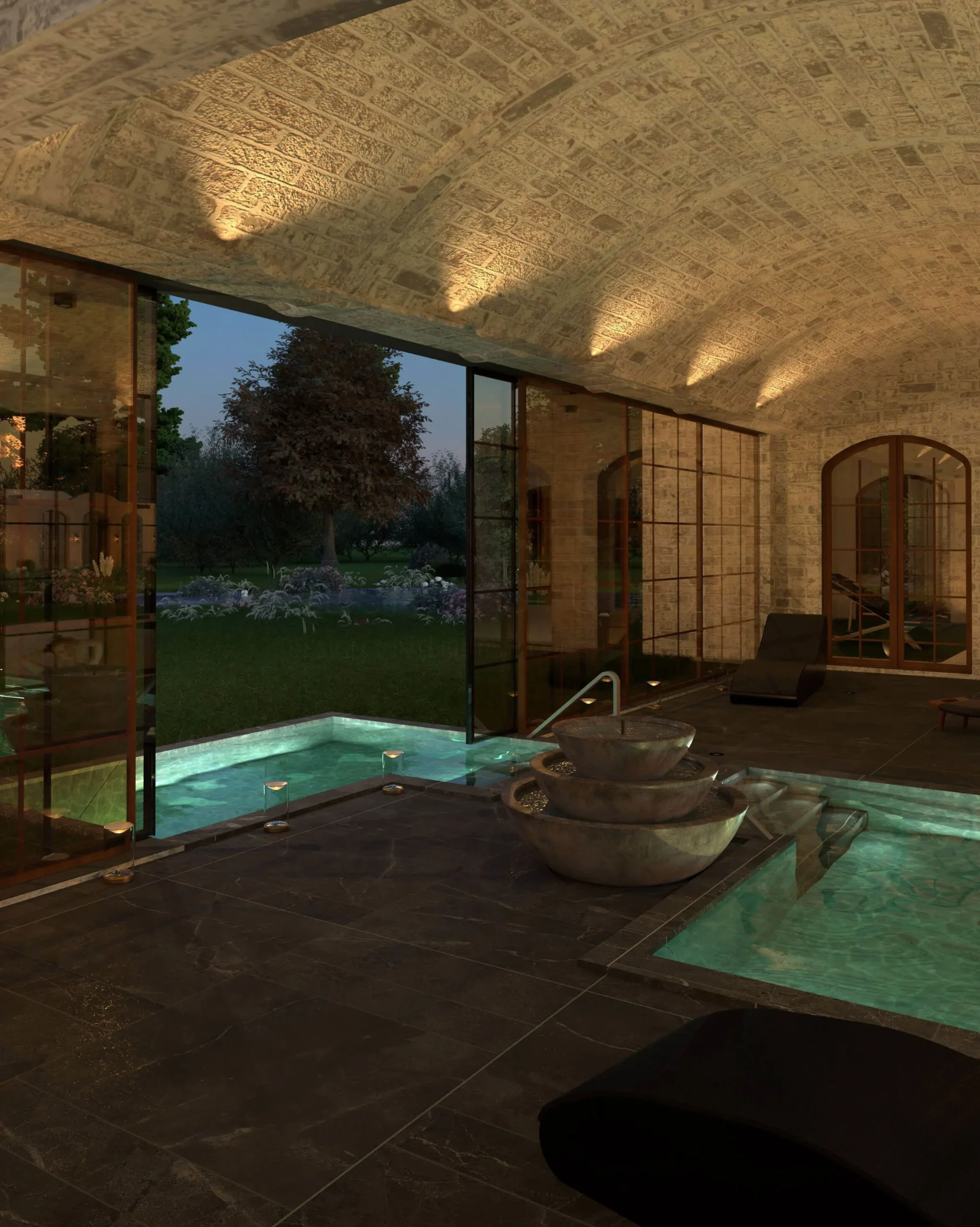 Indoor-outdoor wellness amenities opening to the garden