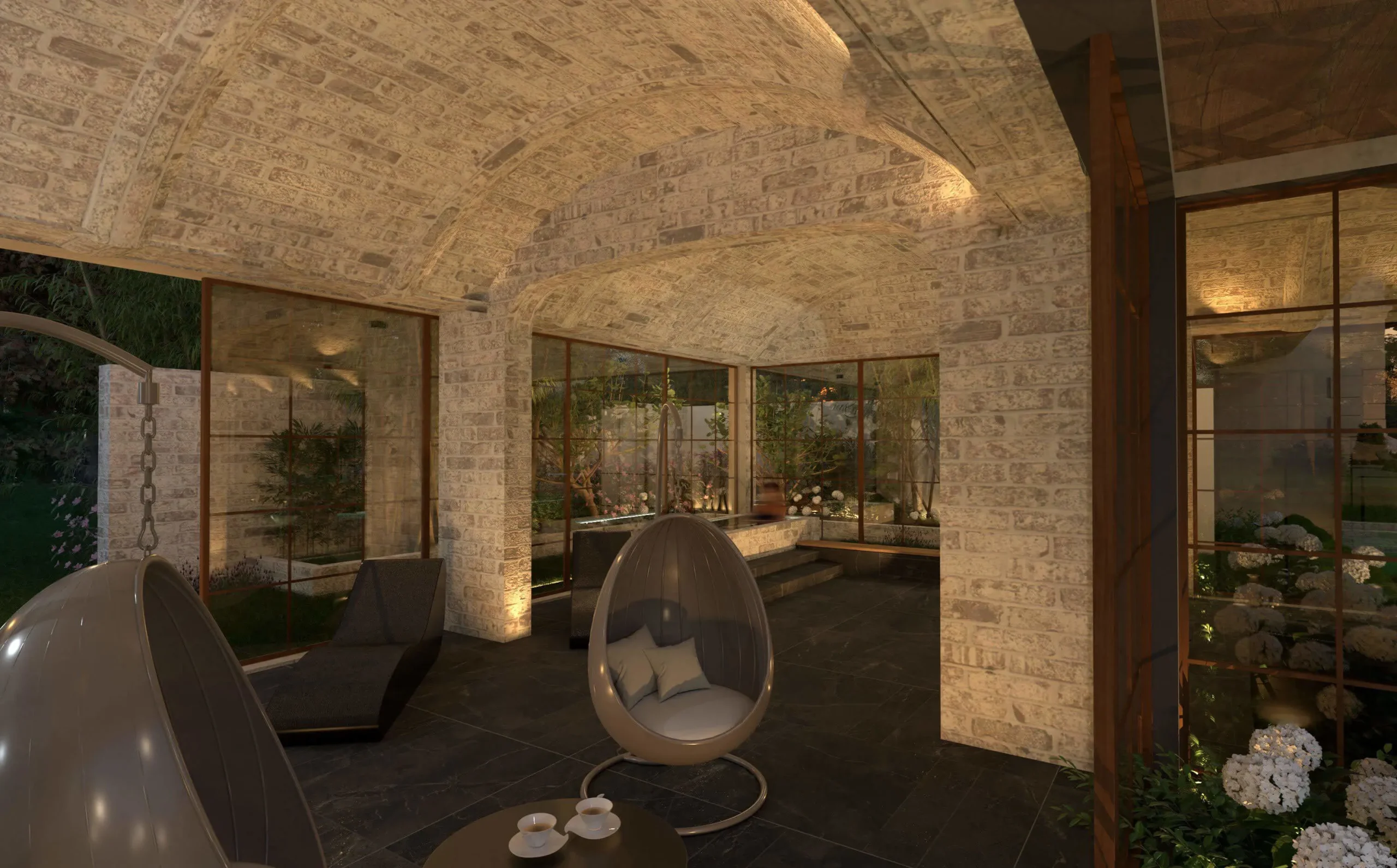Warmly lit wellness space in the Georgian compound