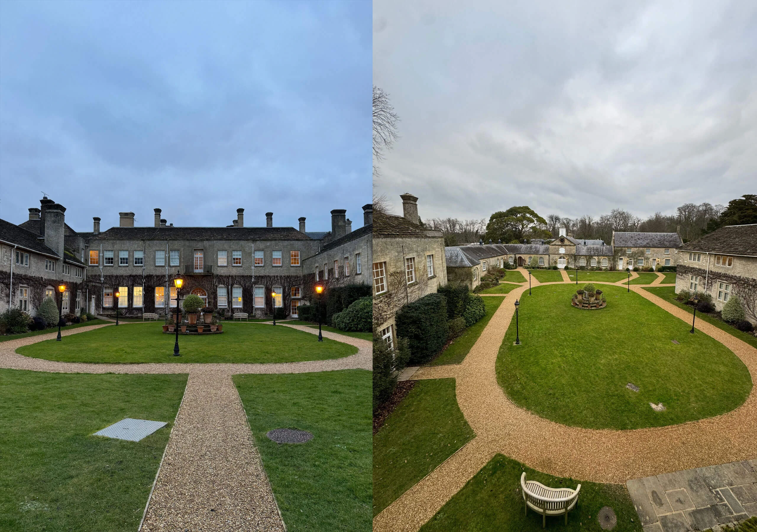 Paired views of the hotel courtyard and formal garden