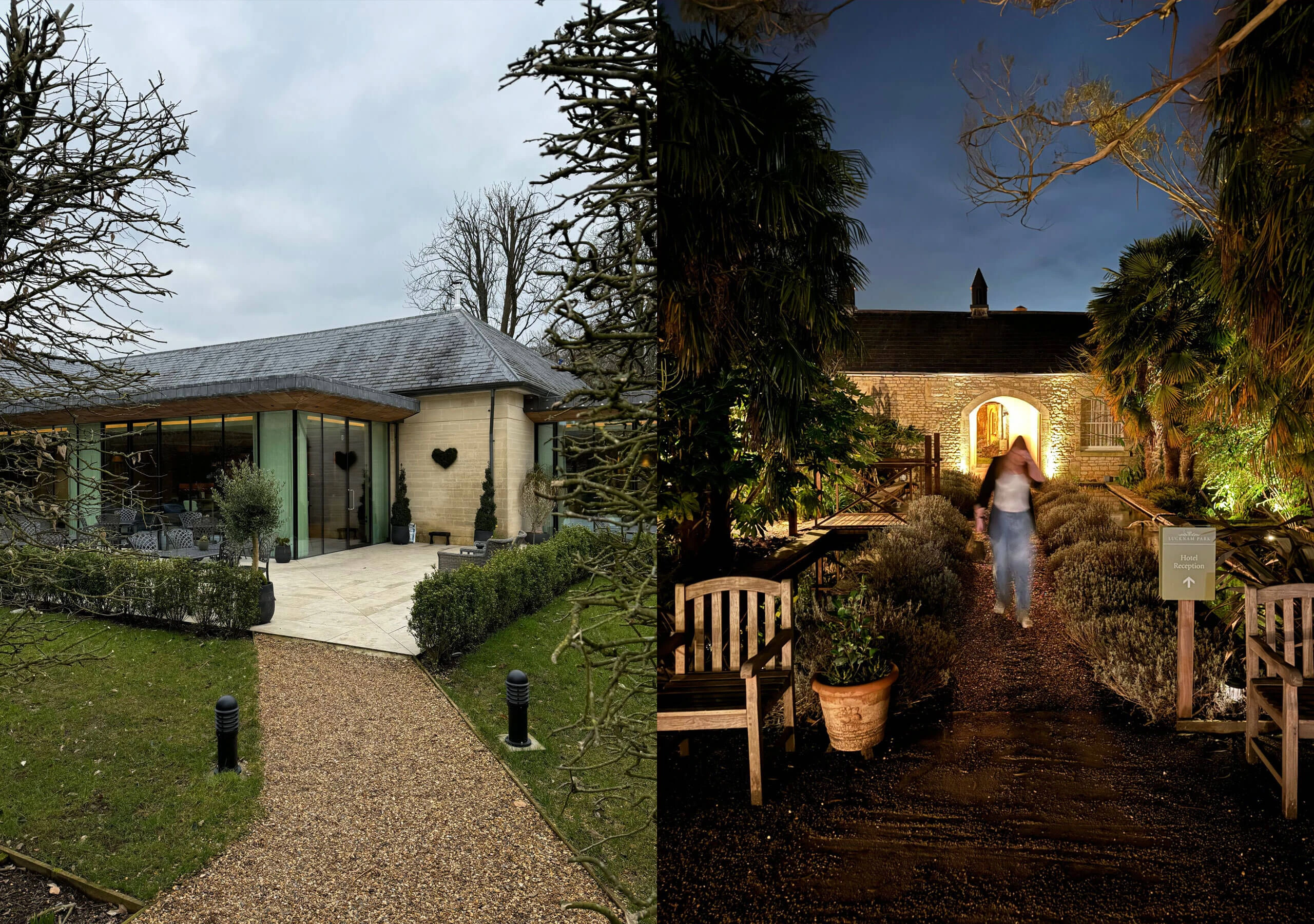 Paired views of garden buildings in daylight and evening