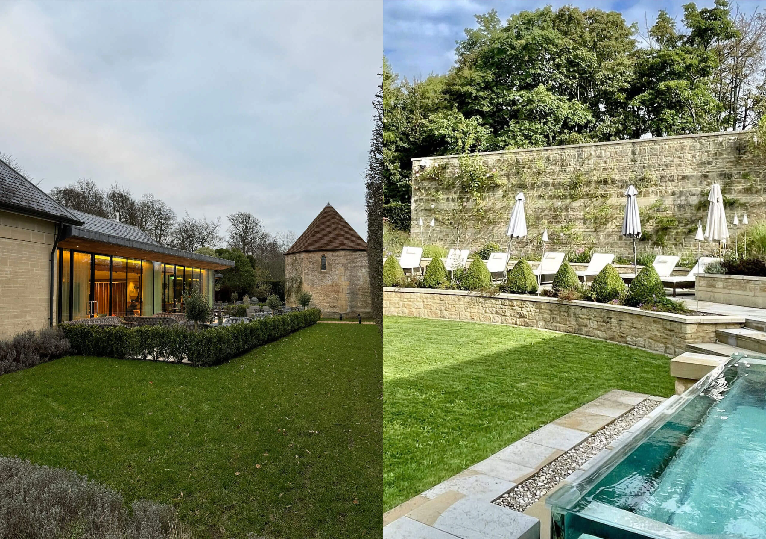 Paired views of a glazed garden building and pool terrace