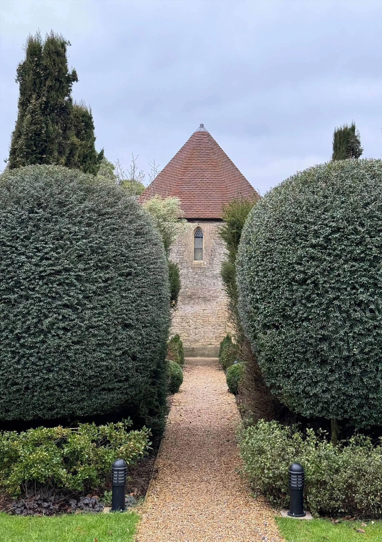 Narrow garden path between rounded hedges