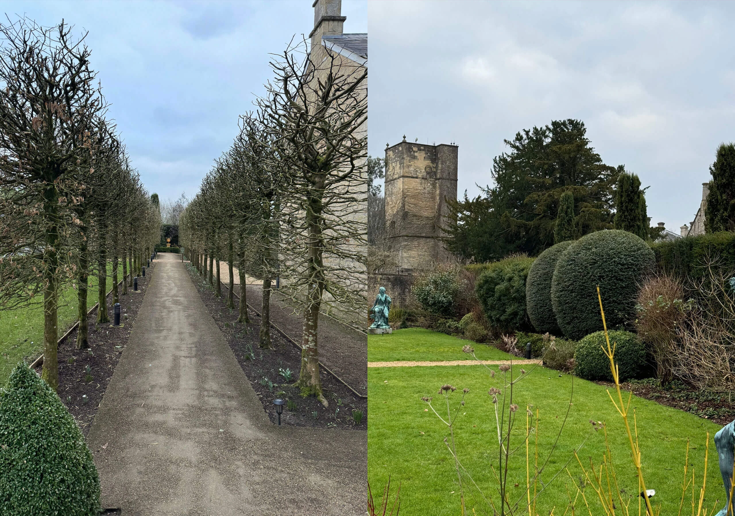 Tree-lined walk and stone church beyond topiary