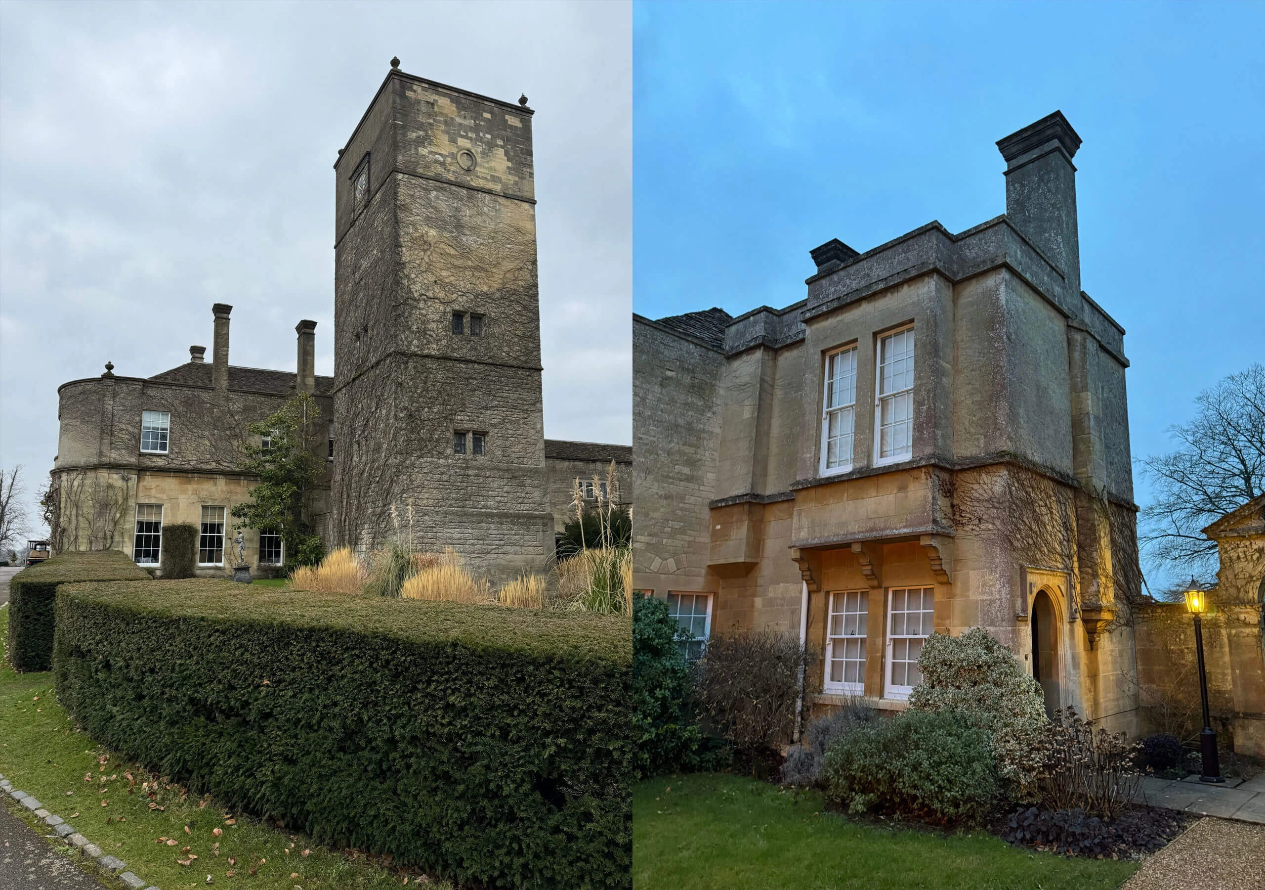 Paired views of a stone church tower and manor facade