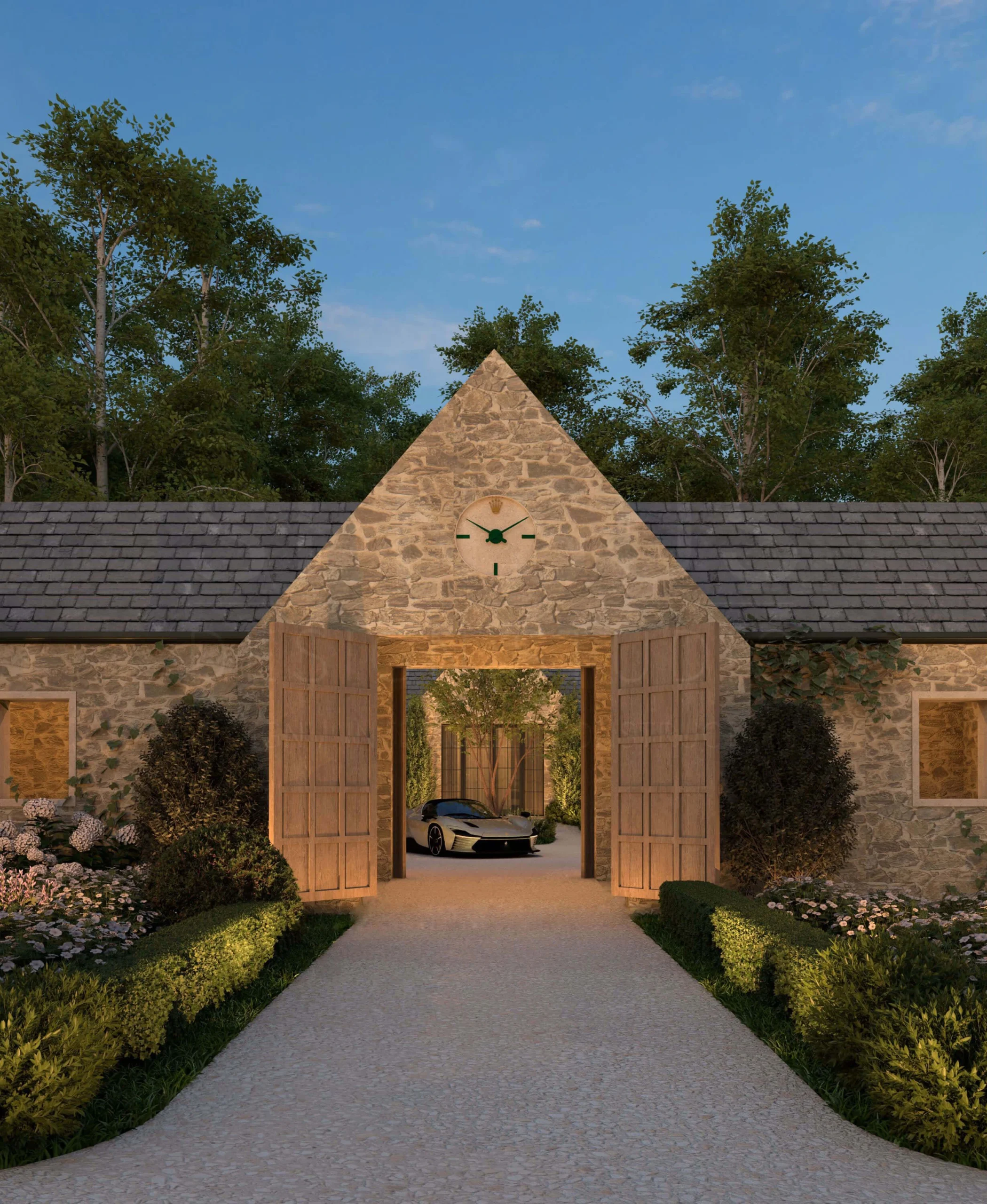 North American Cotswold design: a rear facade designed to feel connected to its surroundings