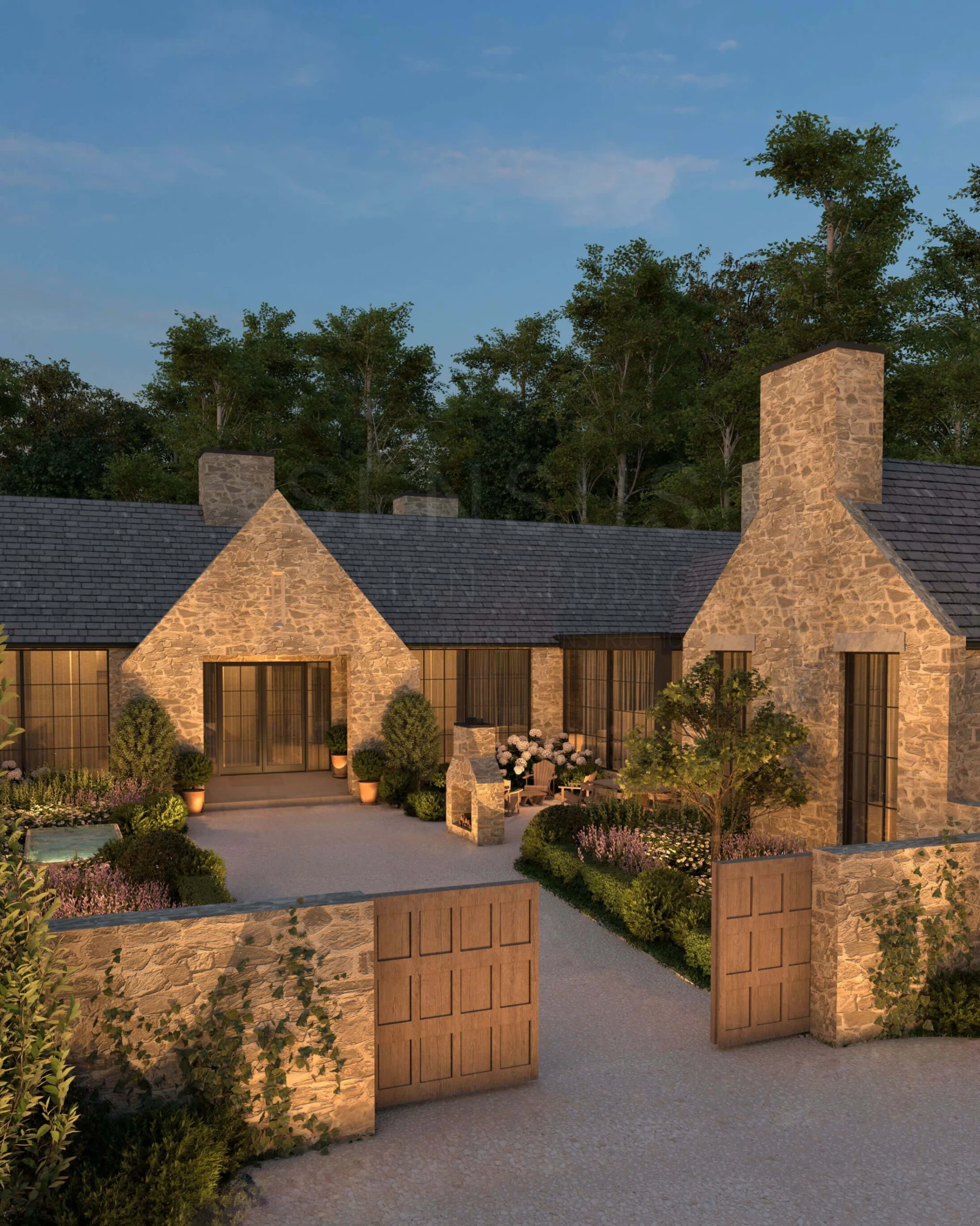 Stone courtyard surrounded by layered planting