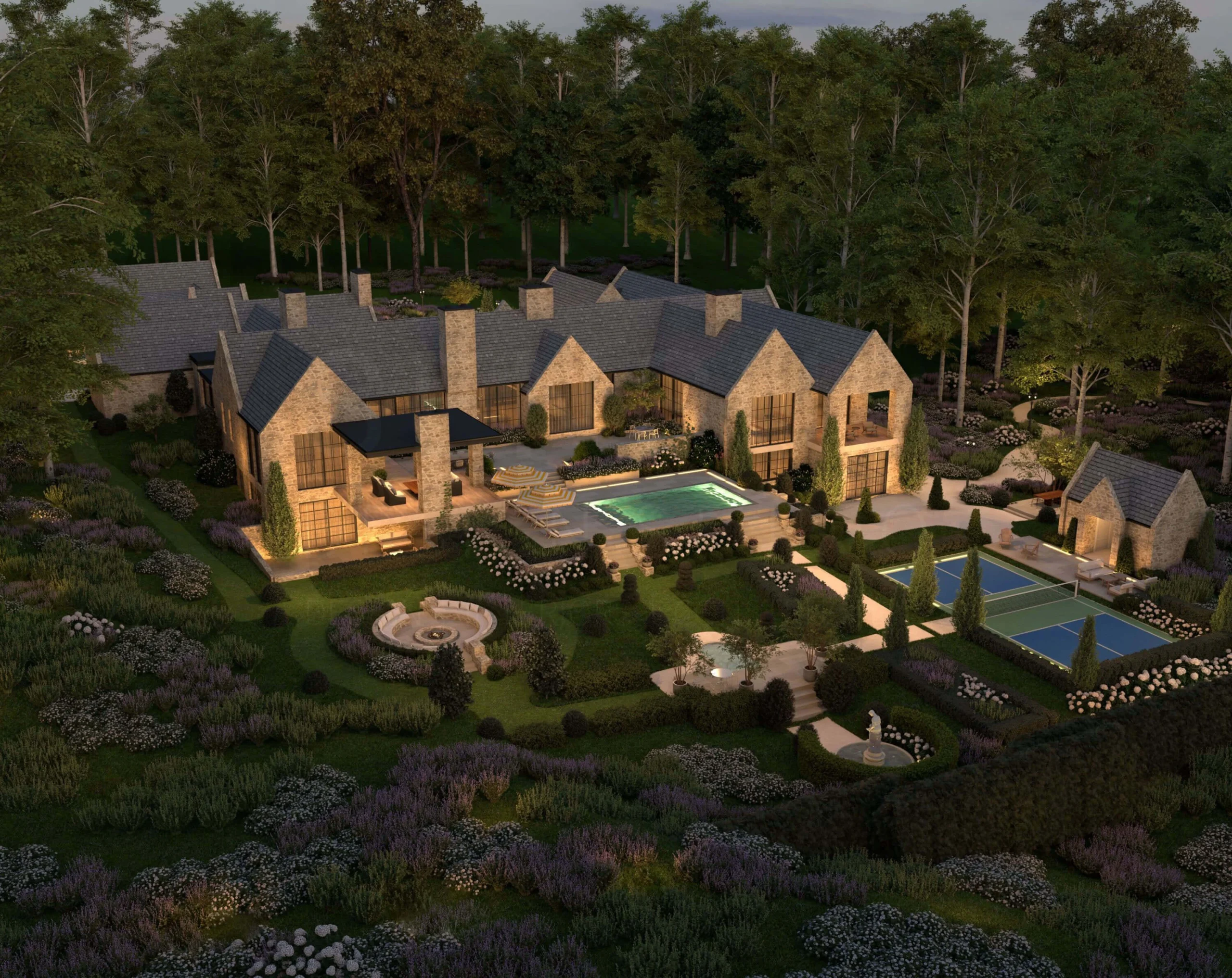Rear facade opening onto the pool and gardens