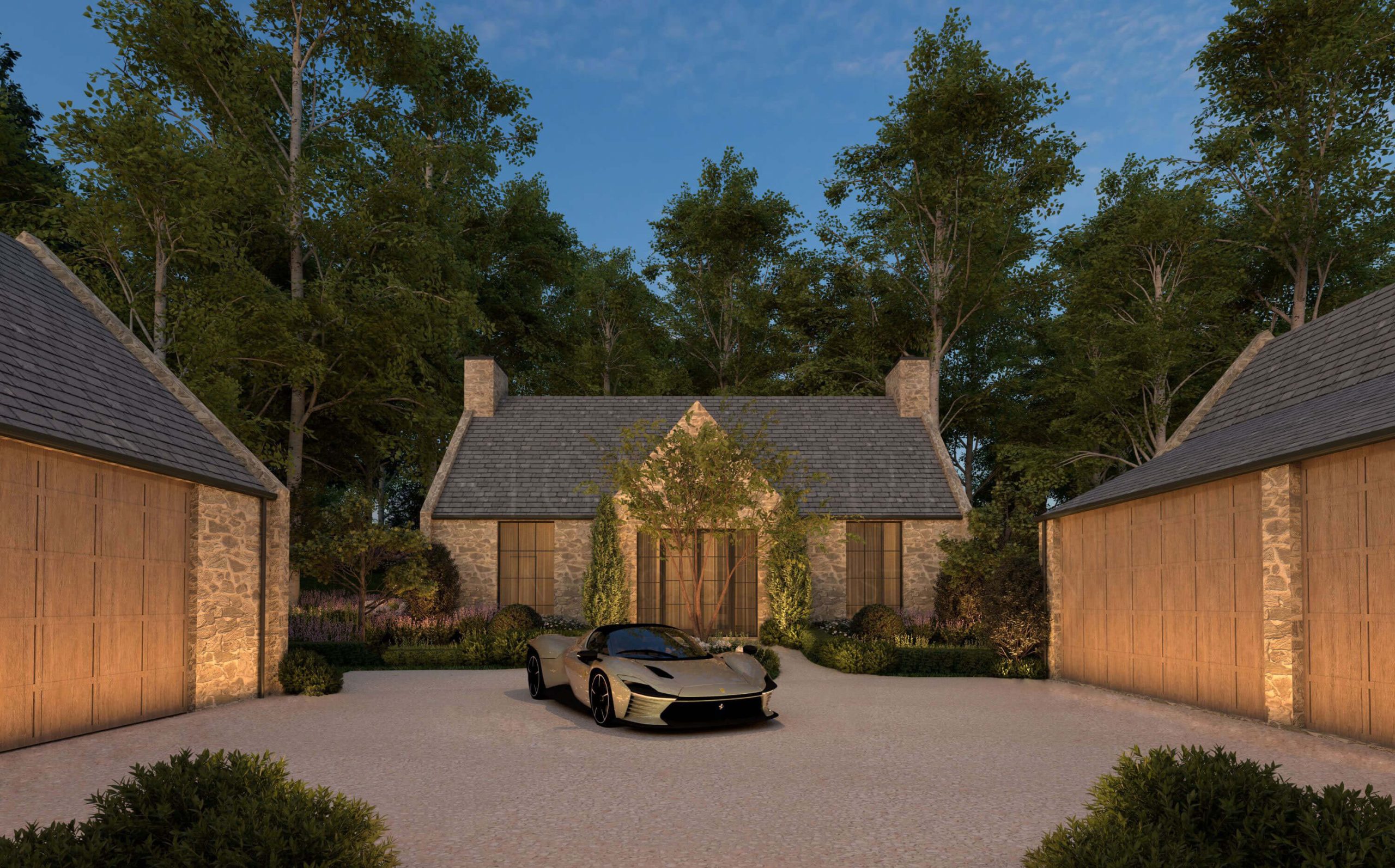 Stable courtyard framed by stone buildings