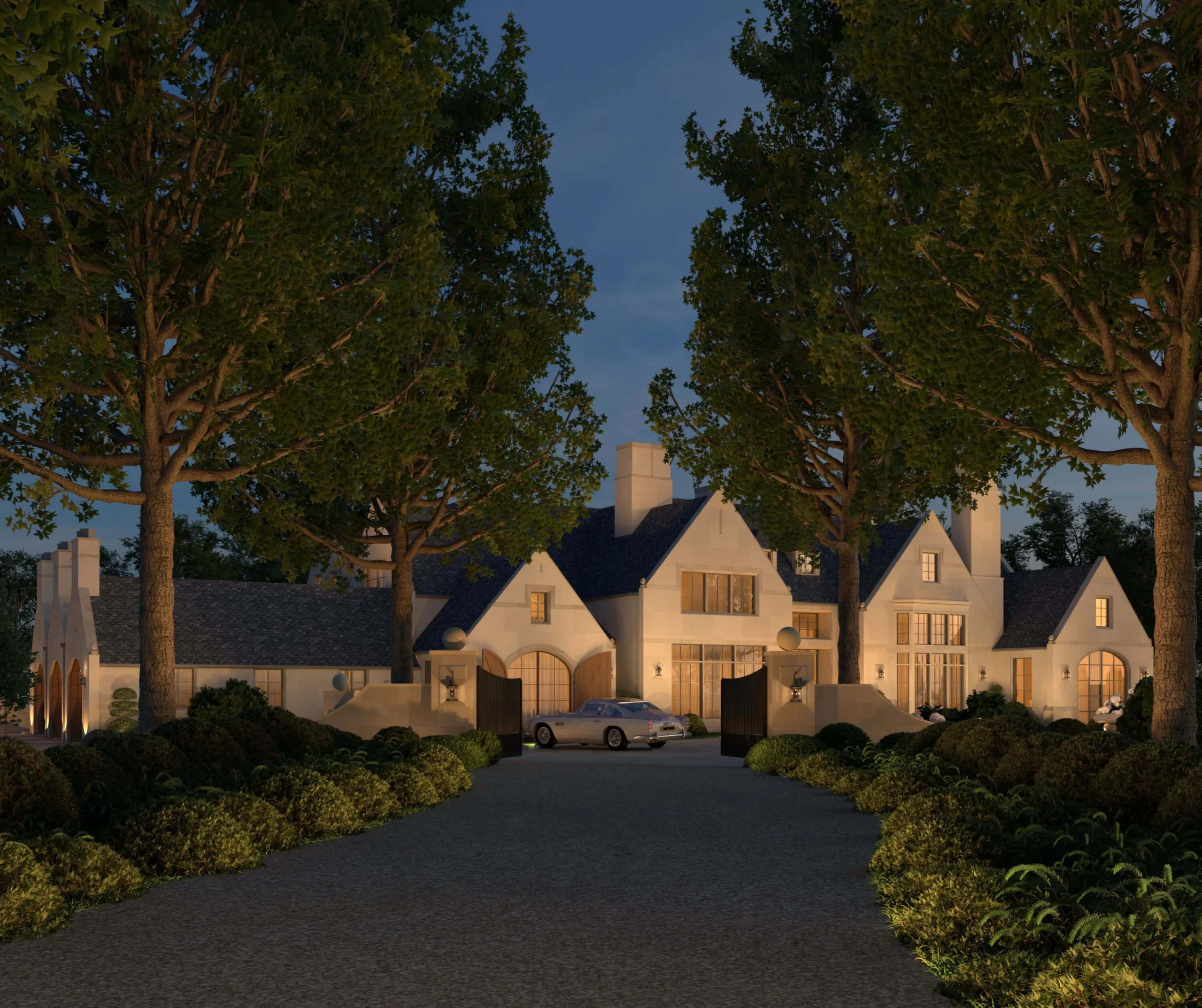 Westport Manor illuminated at dusk