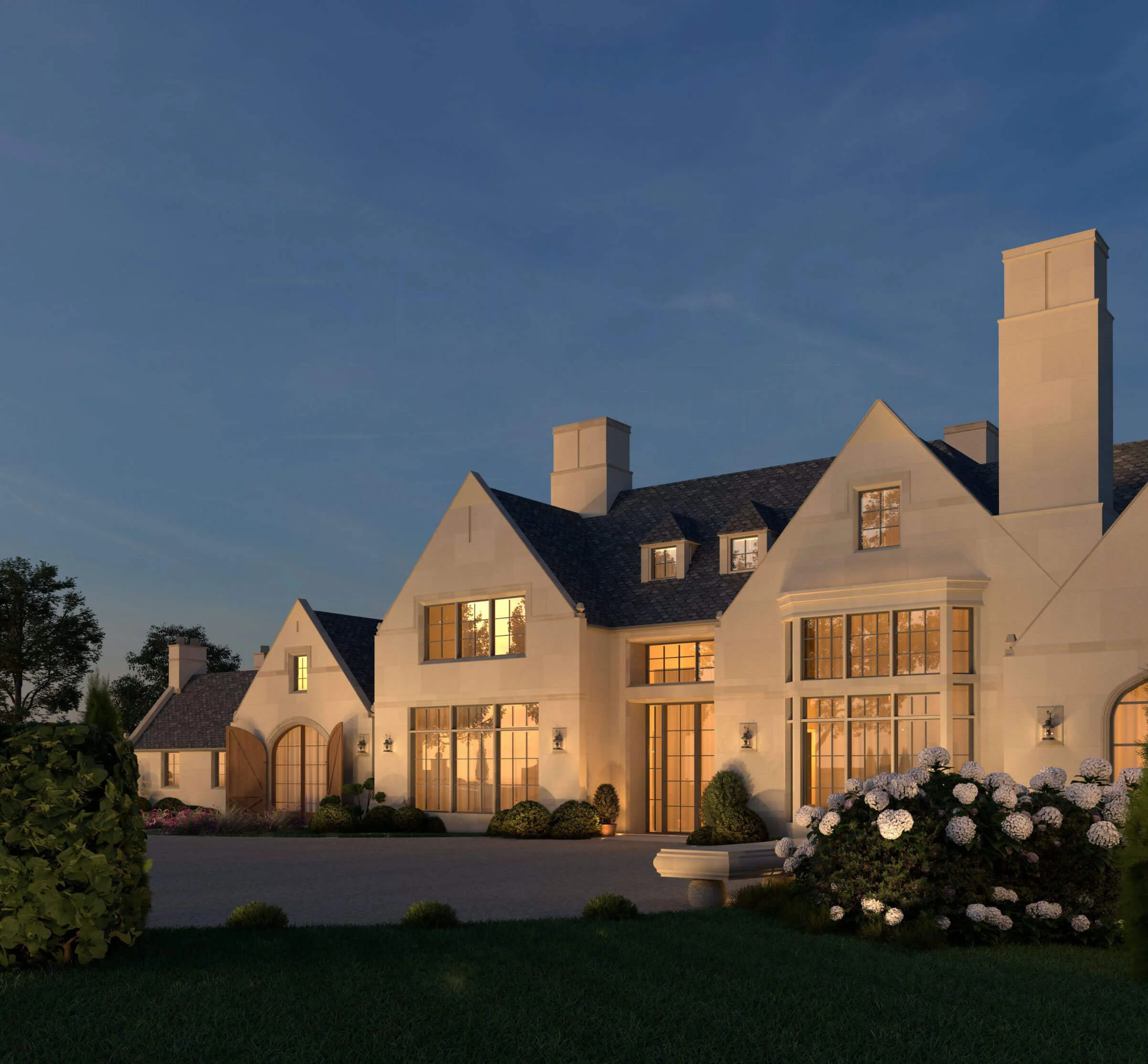 Limestone facade and garden at dusk