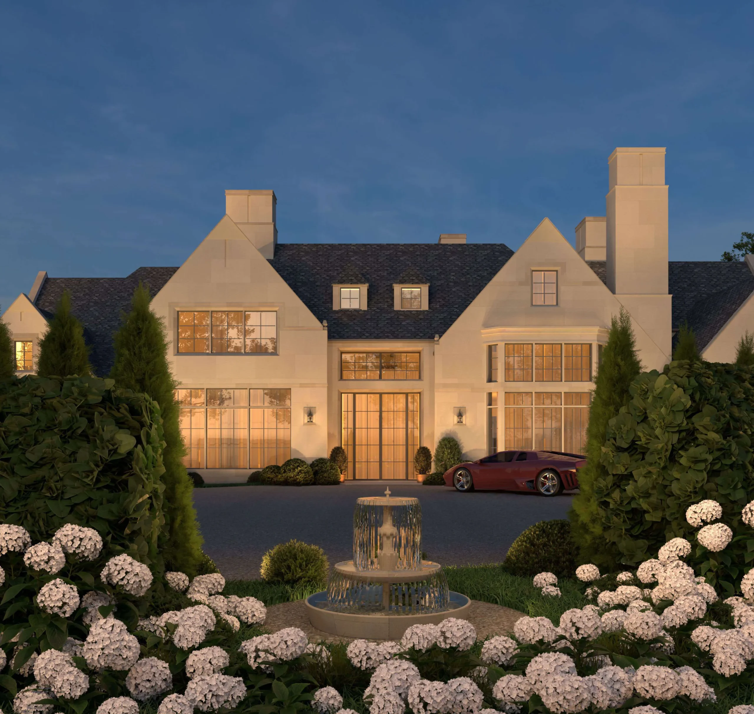 Westport Manor framed by hydrangeas and a garden fountain