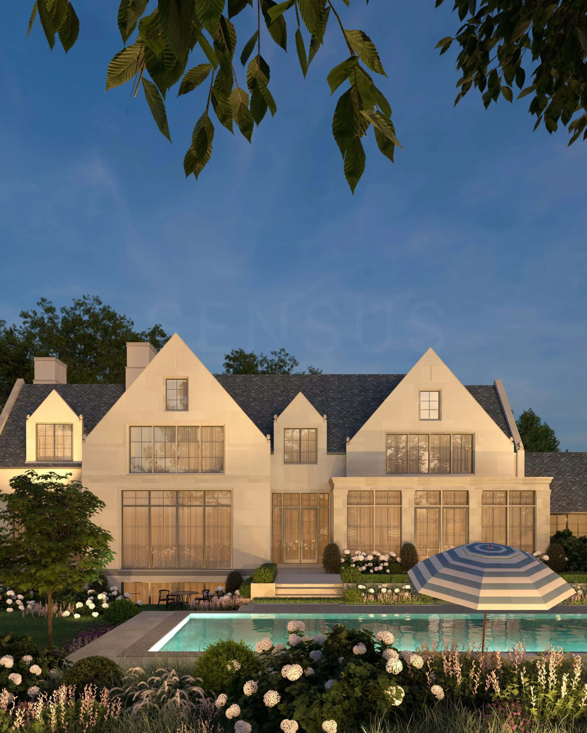 Rear facade overlooking the pool and gardens