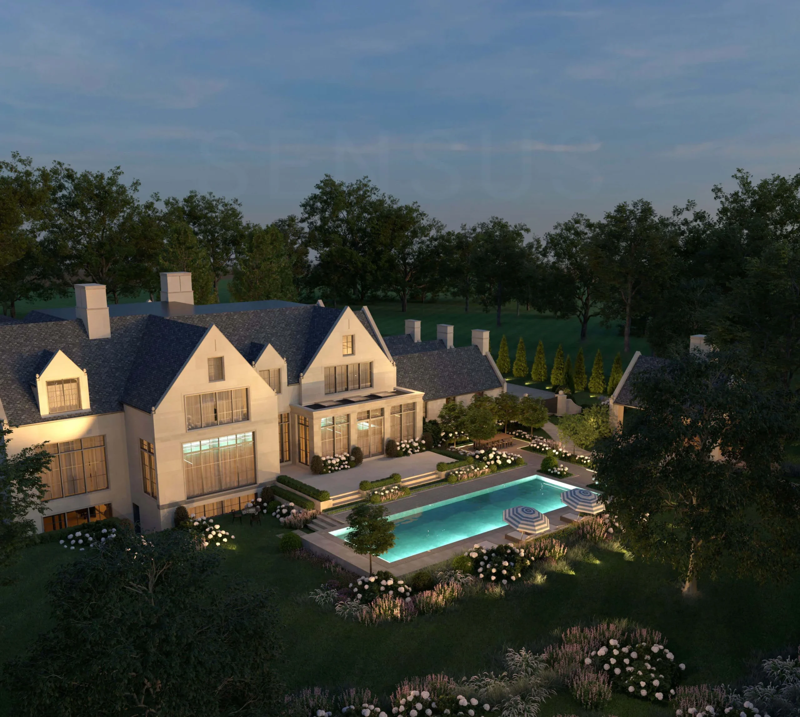 Pool, cabana, and surrounding gardens