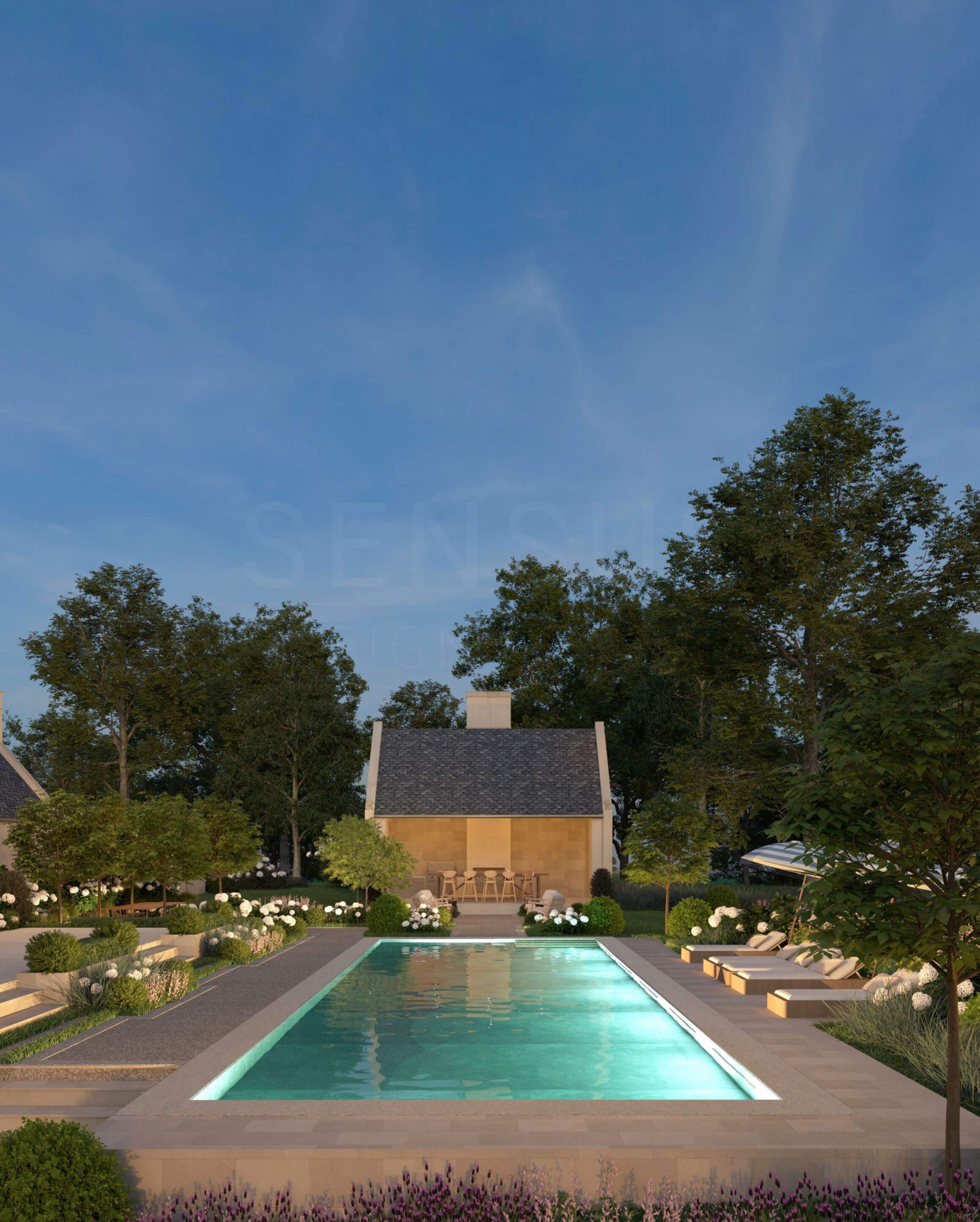 Aerial view of the home, pool deck, and gardens