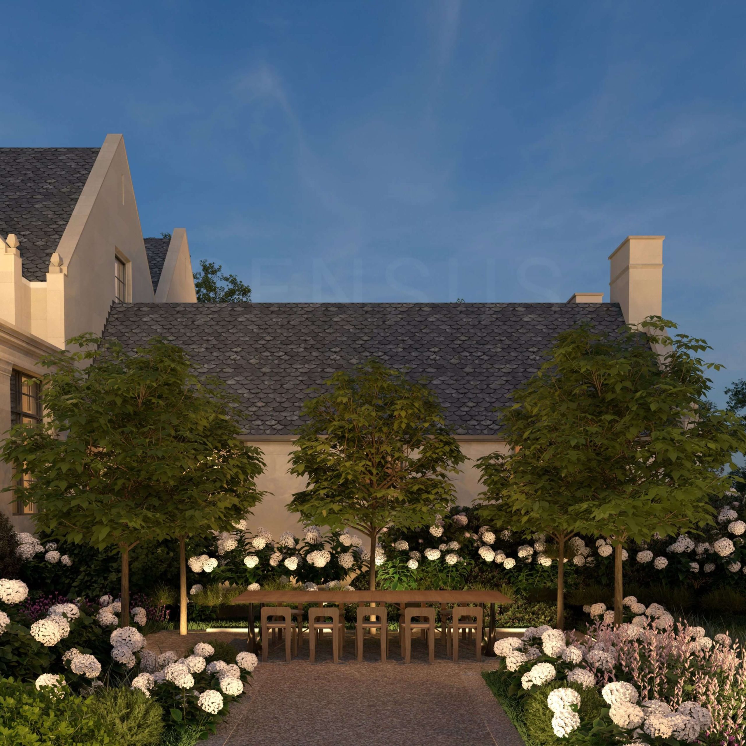 Westport Manor rear facade and pool at dusk