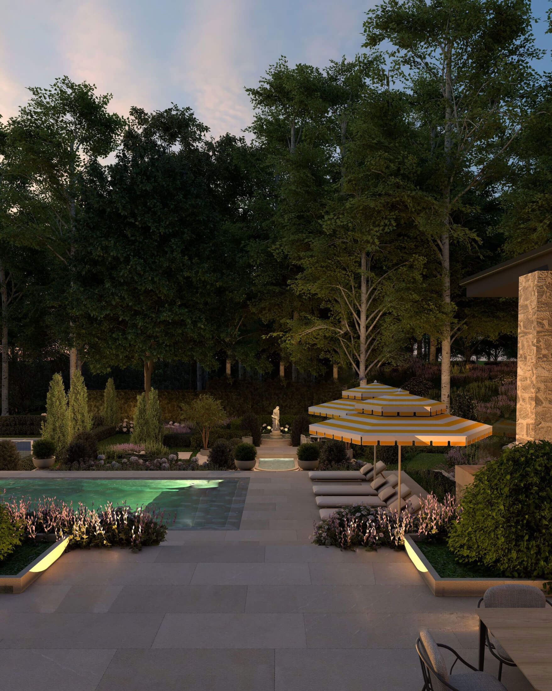 Garden paths and water features at dusk