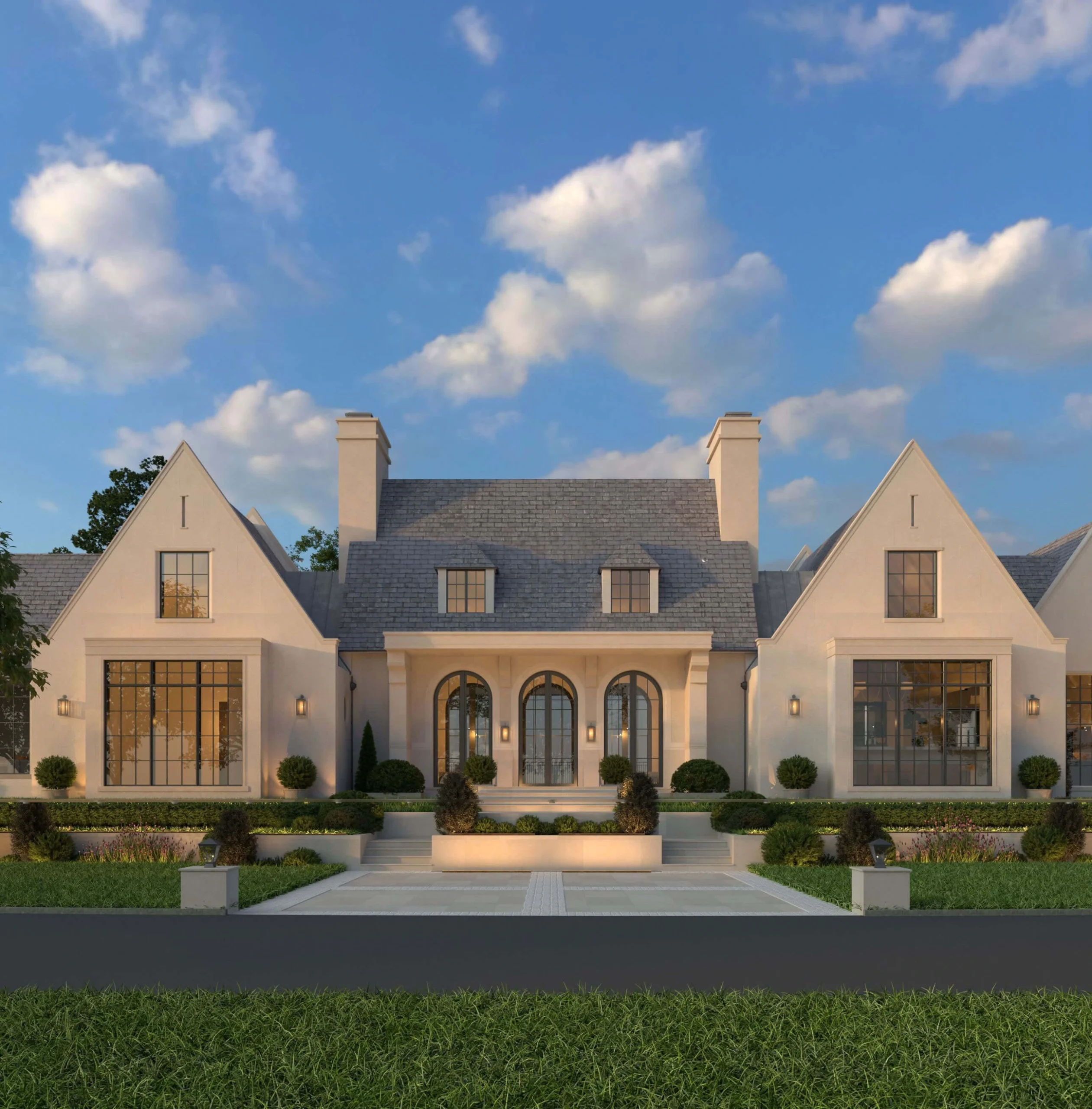 Dormers, bay windows and curved porch supports on the Tudor facade