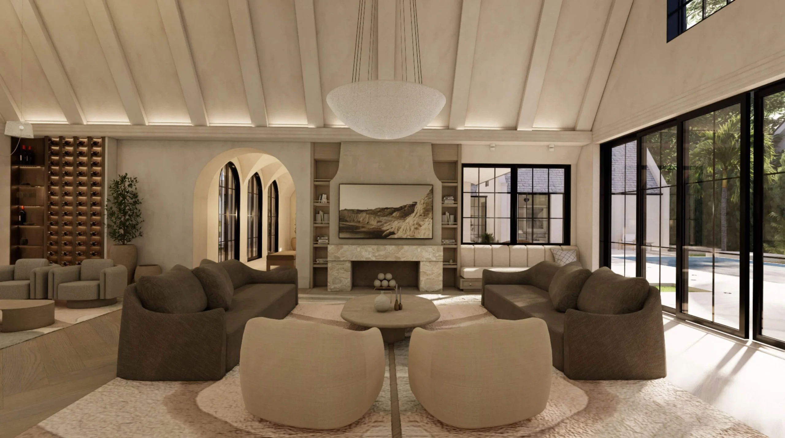 Wide view of the Tudor Country Home garage courtyard