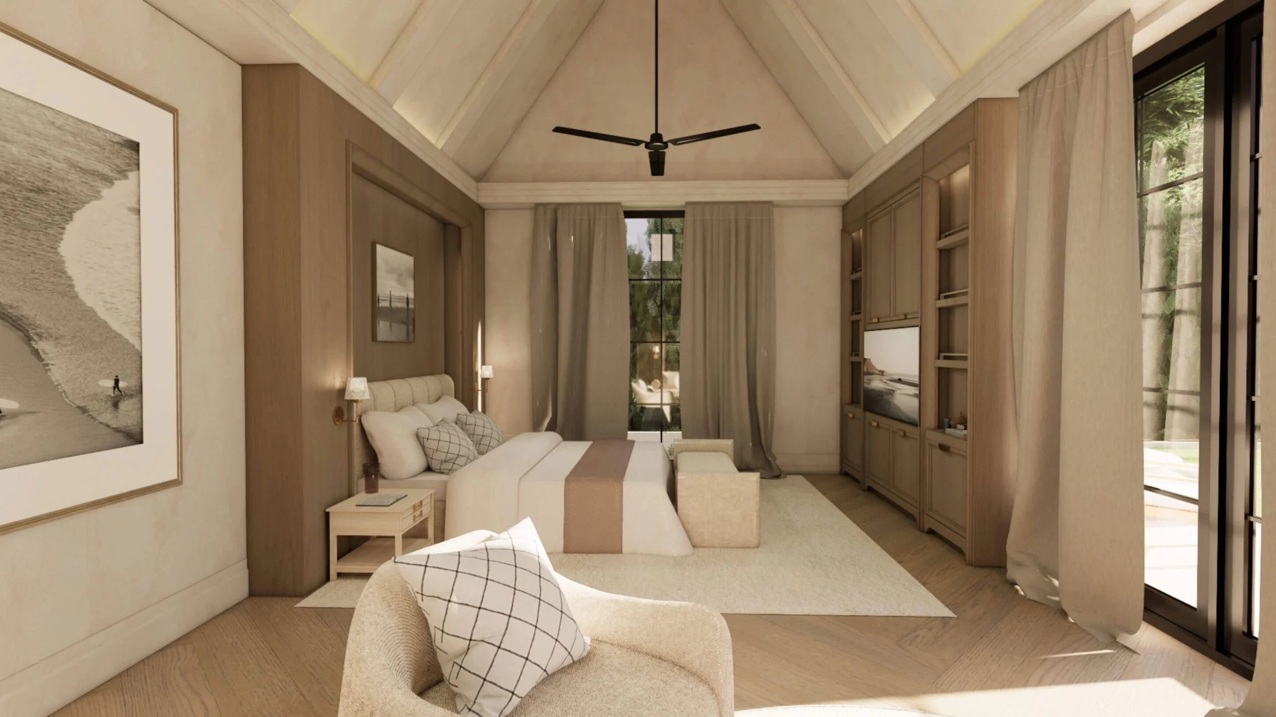 Serene principal bedroom layered in warm brown tones
