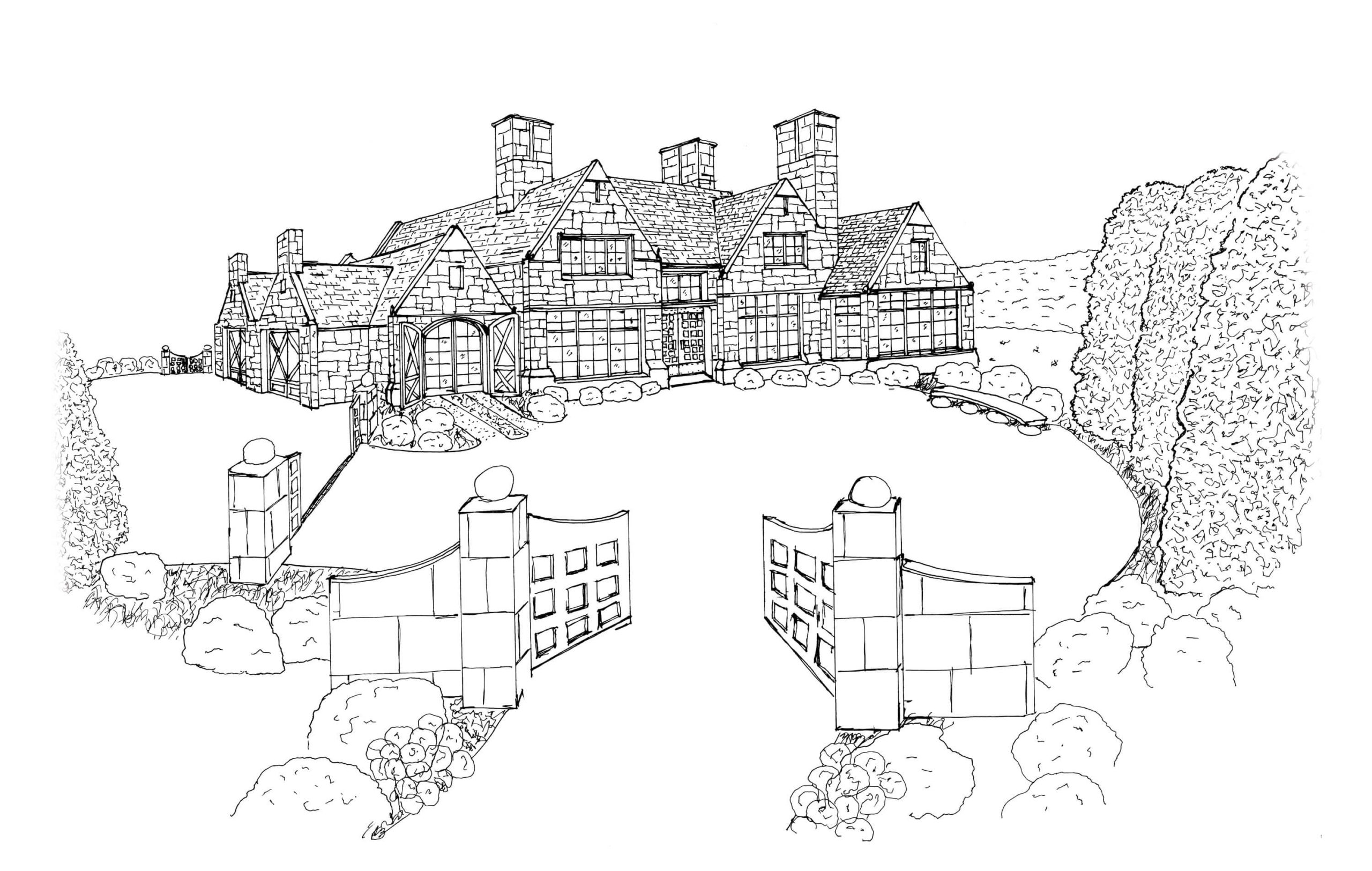 Hand-drawn view of the Westport Manor entrance court