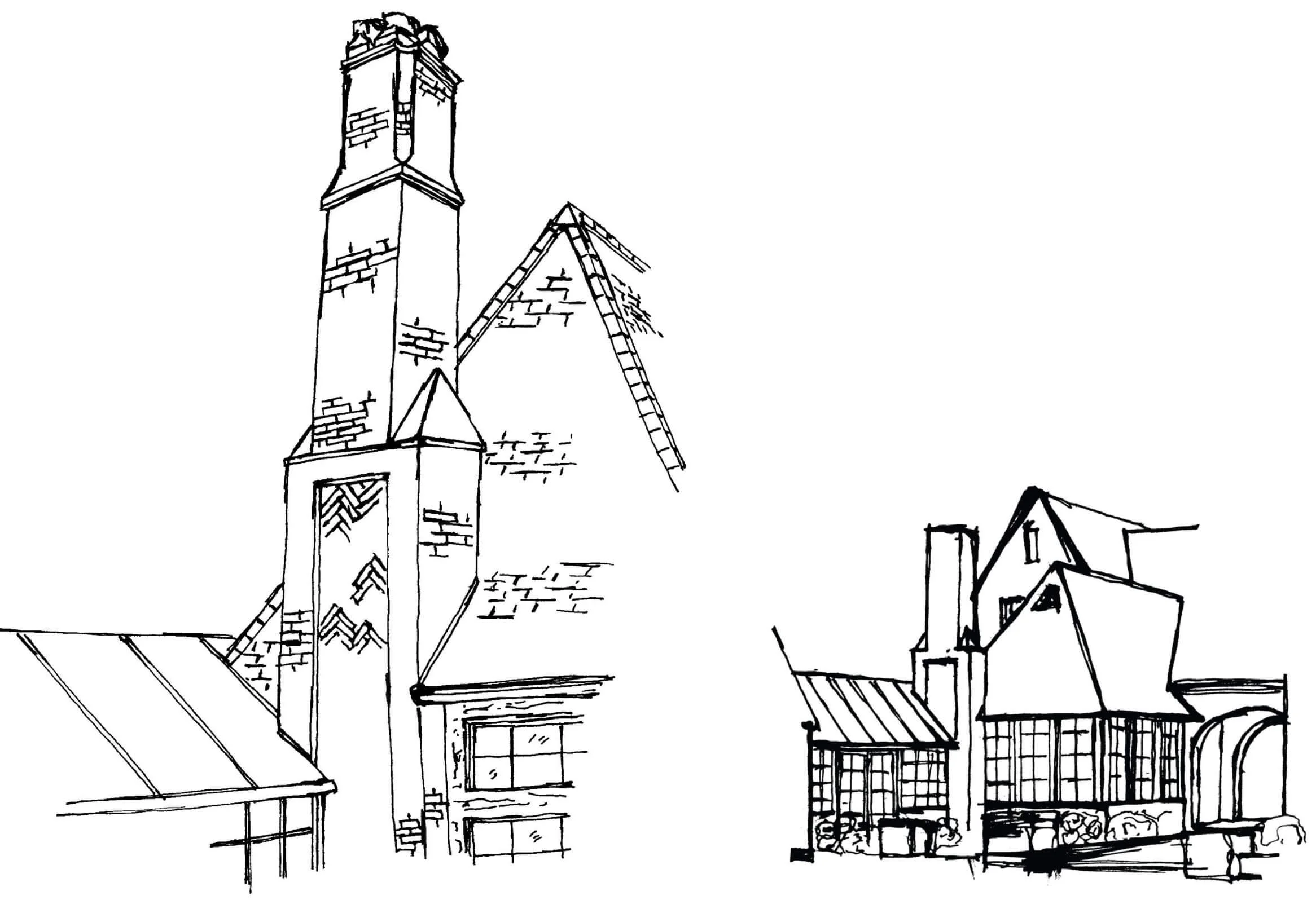 Perspective studies of the chimney and glass hallway connection