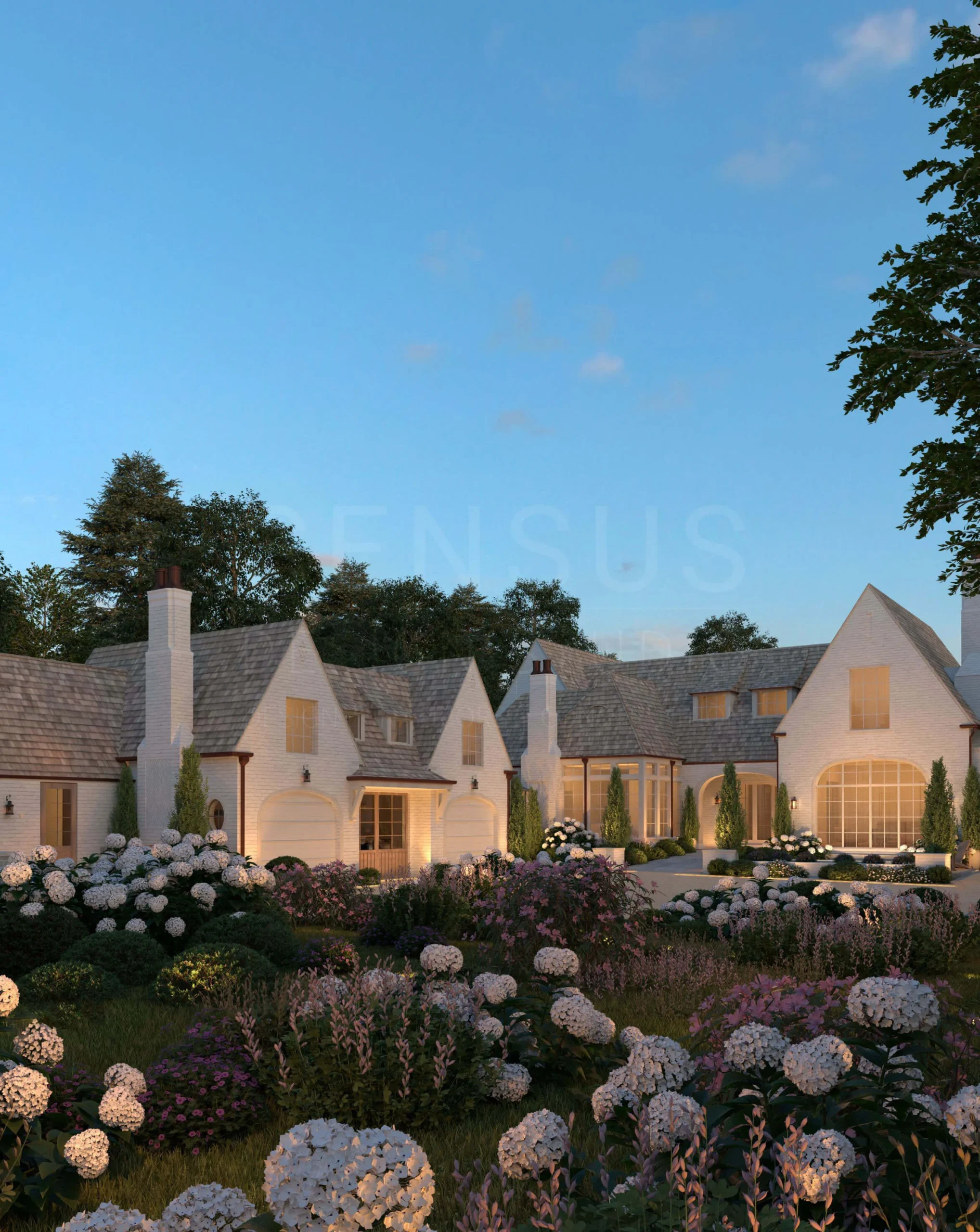 Limewashed brick, white windows and cedar roof of the residence