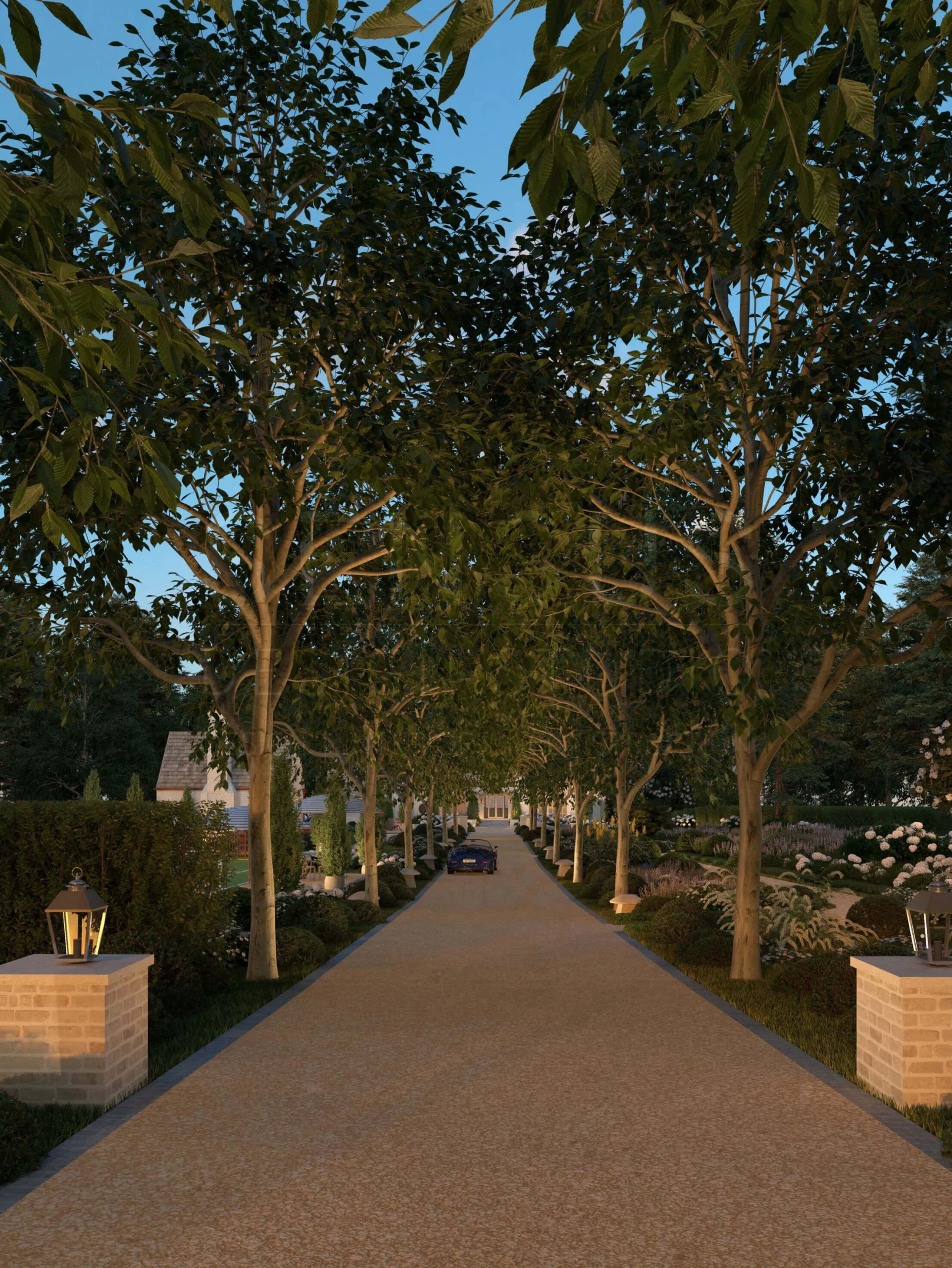 Long tree-lined driveway and gardens leading to the French Country Home