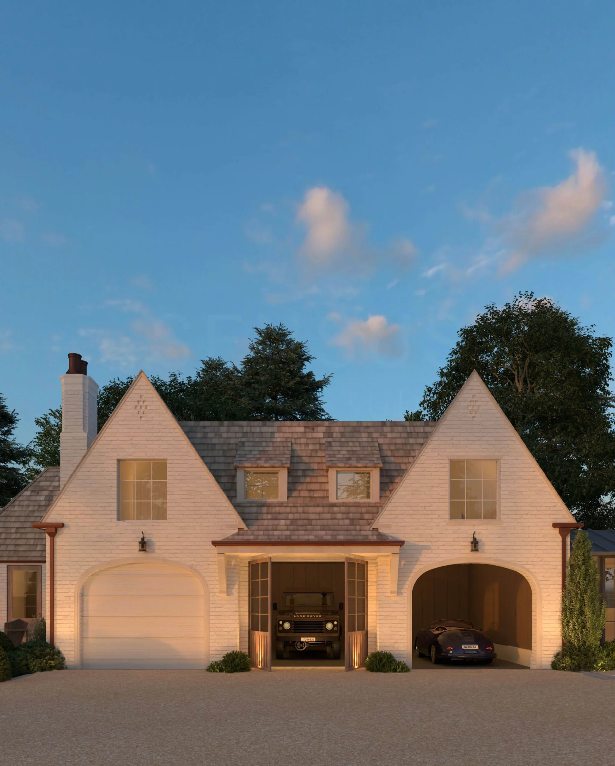 Stable-style guest suite and garage courtyard
