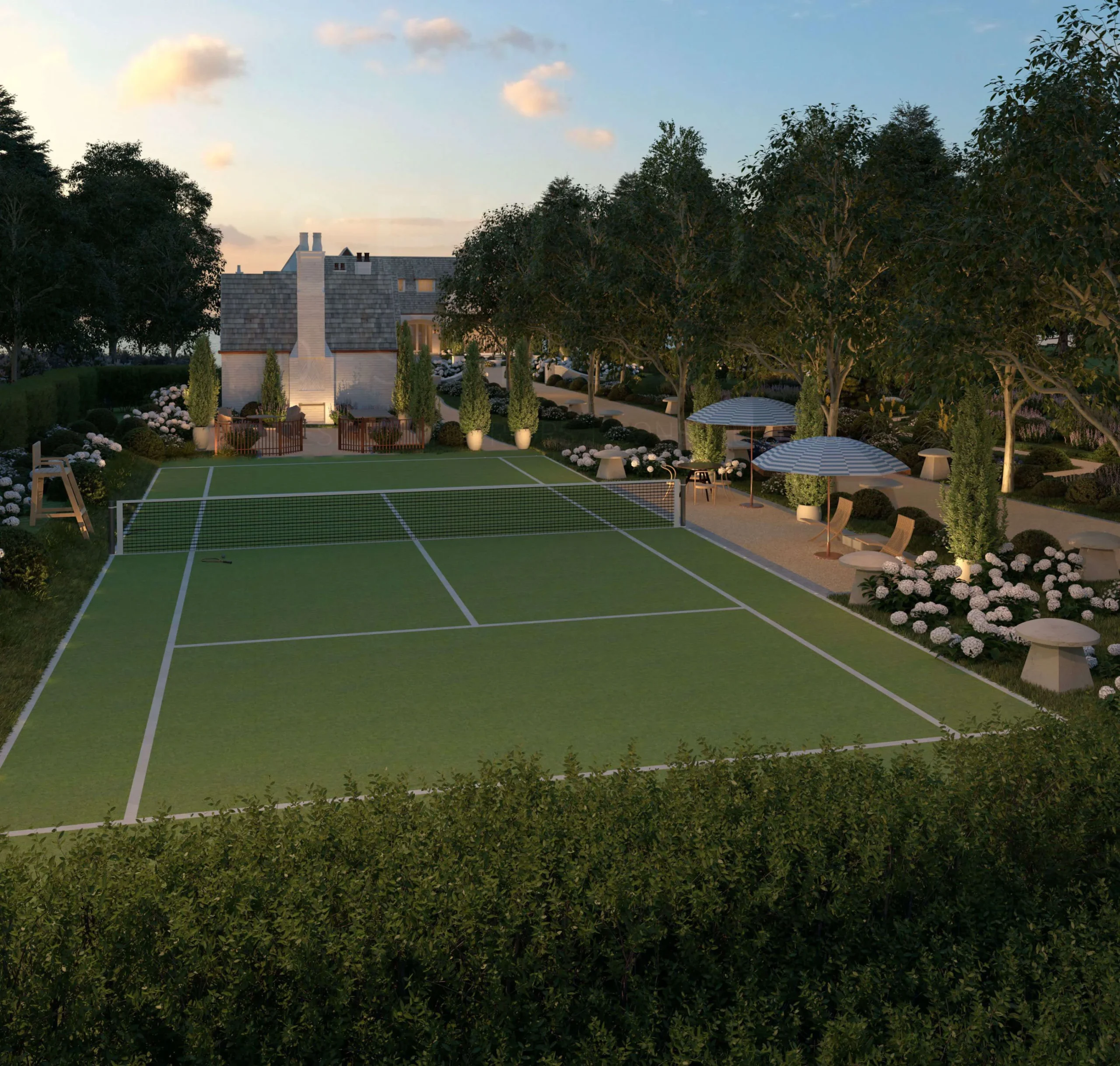 Aerial view of the home, gardens and lakeside setting
