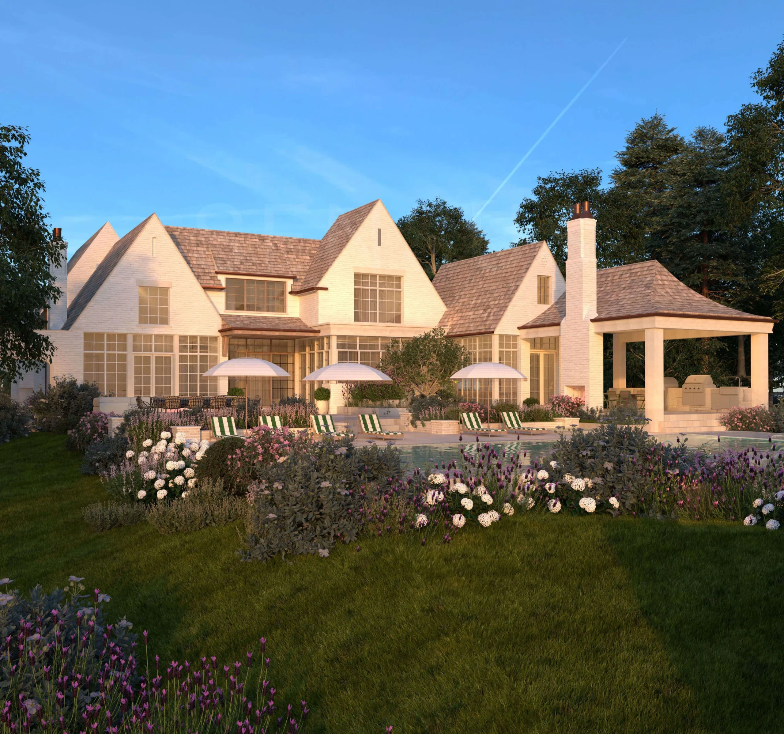 Rear facade and pool overlooking the lake