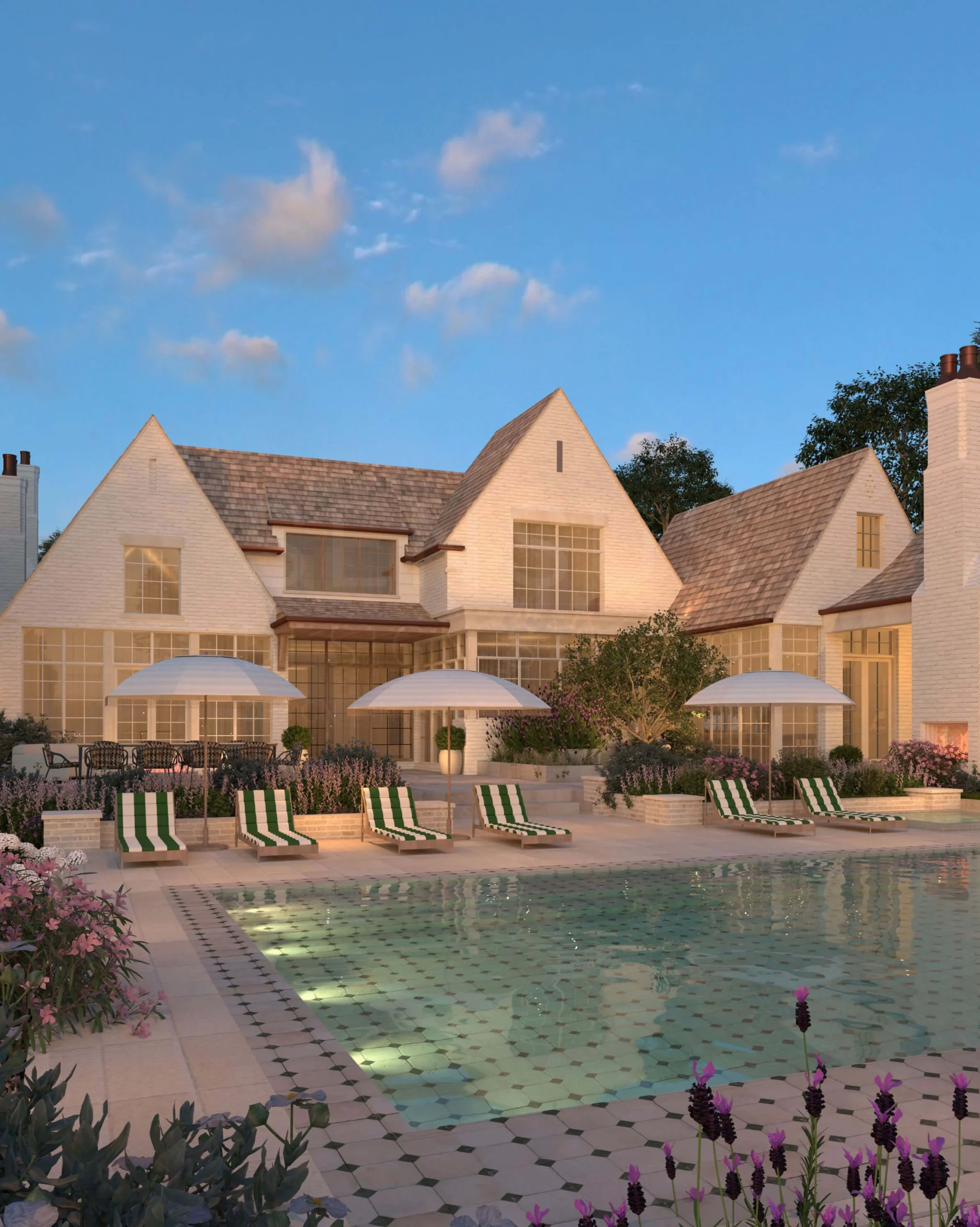 Pool courtyard framed by the rear wings of the residence