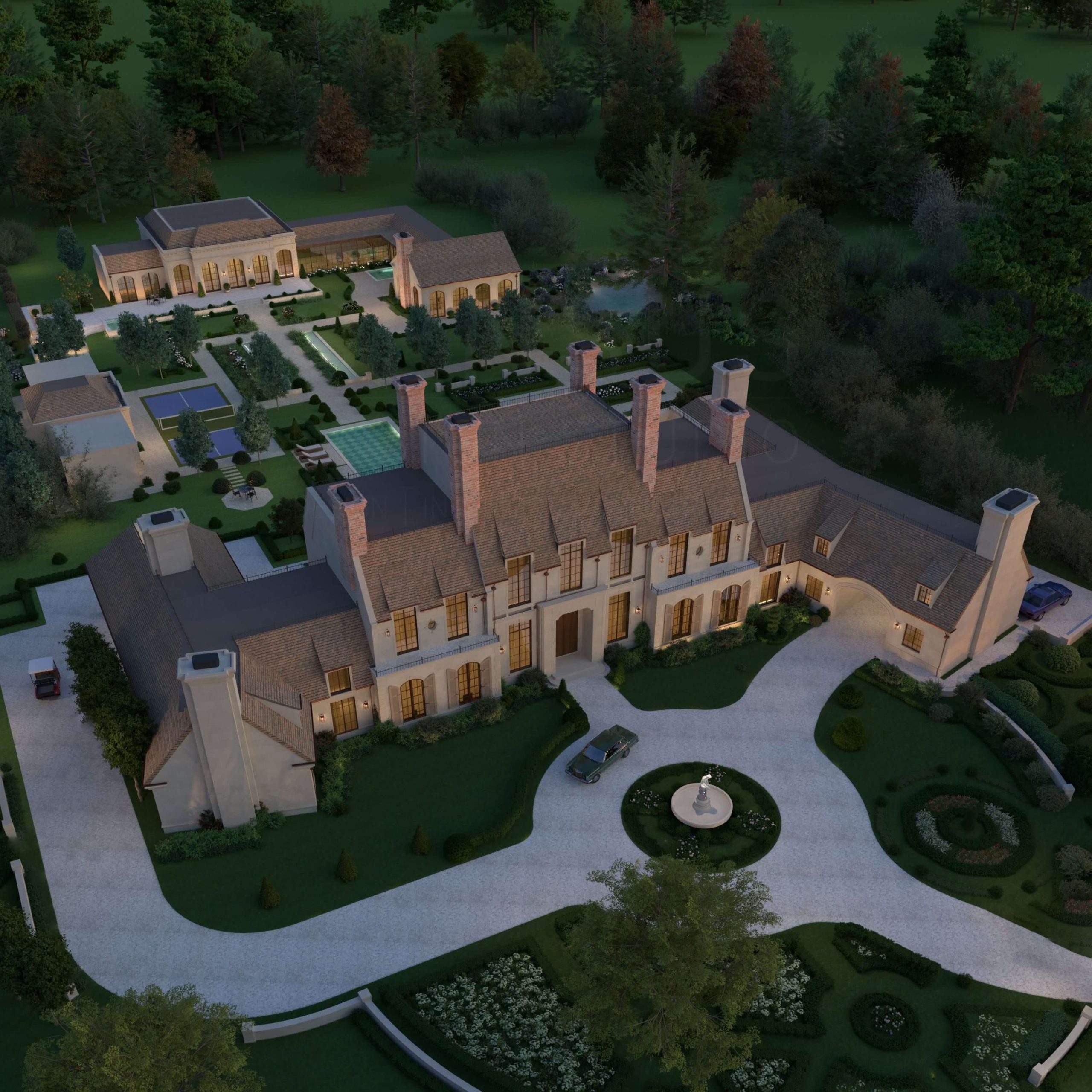 Traditional Georgian Manor illuminated beyond its formal garden