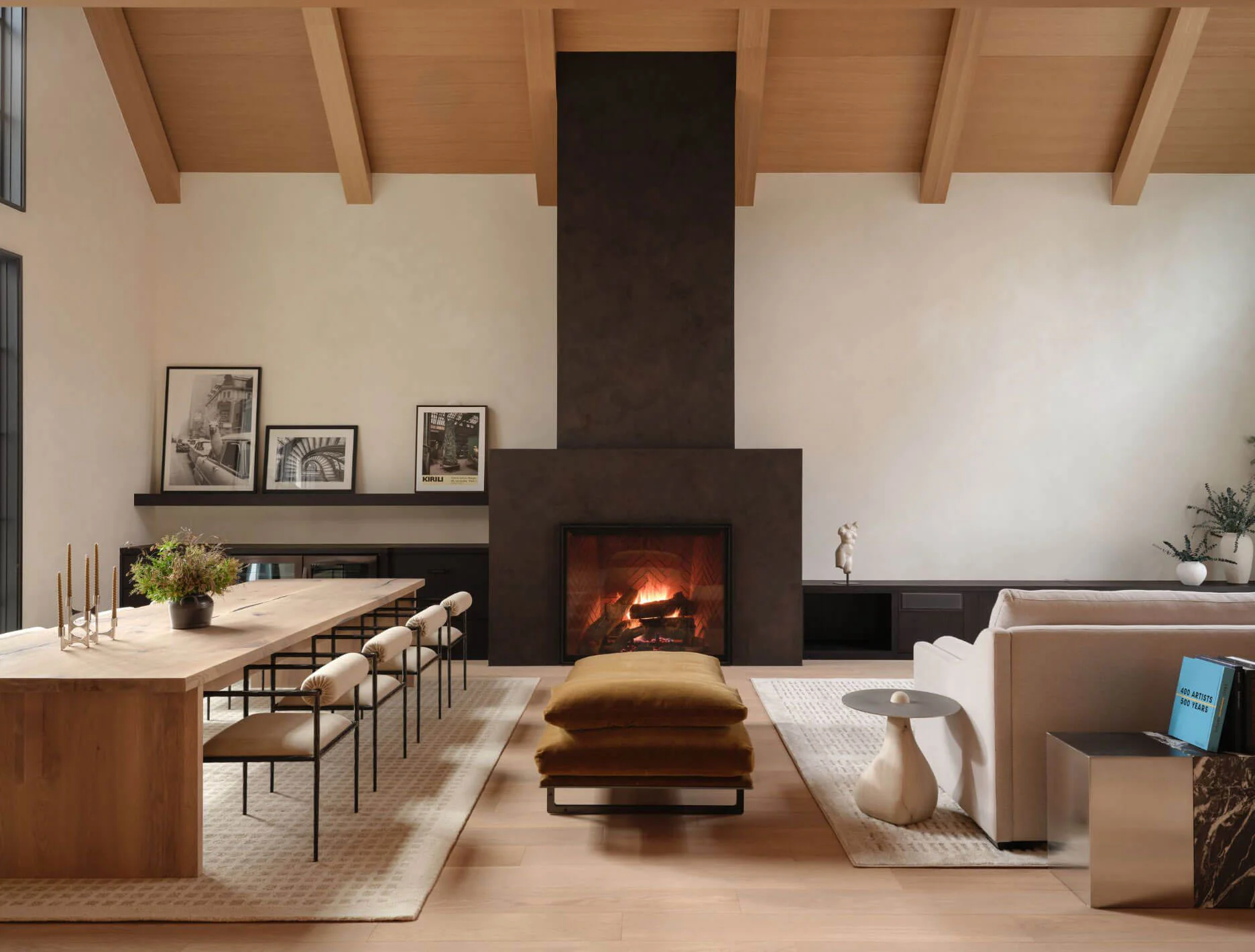 Living room rendering paired with technical construction drawings